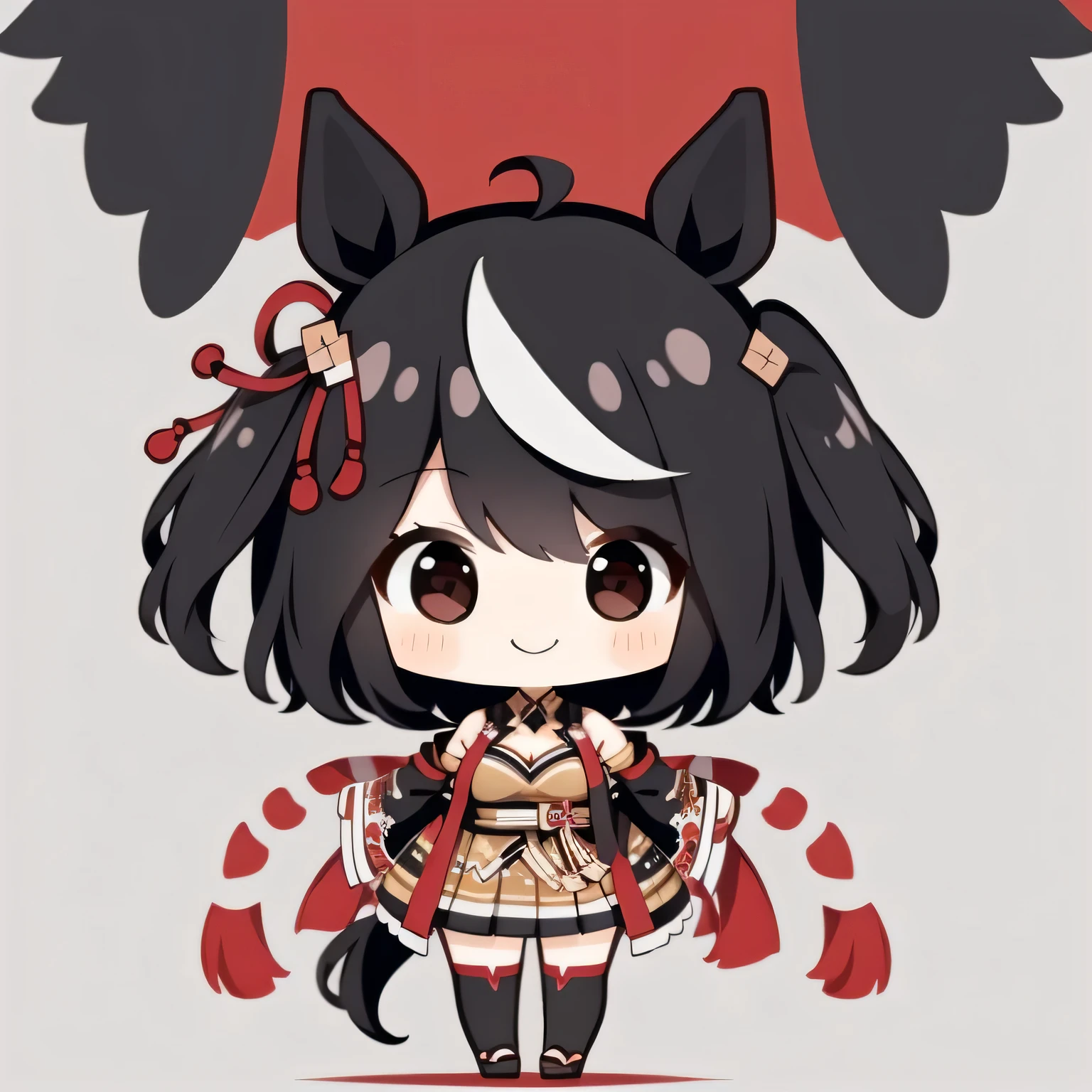 masterpiece、cute、Kitasan_black_umamusume, animal ears, short hair, striped hair, hair ornaments, medium breasts, horse tail, cleavage, clothing clippings, removed sleeve, shimenawa, skirt, blackニーソ, a bit、Little, smile, Color 0n icon、ik1、full body description, 1 girl、cartoon bones、a bit:1,a bitkyara, cowboy shot, alone, dynamic pose, A dynamic pose、Banzai、a bit, Full body Esbian, white background, solid background, simple background