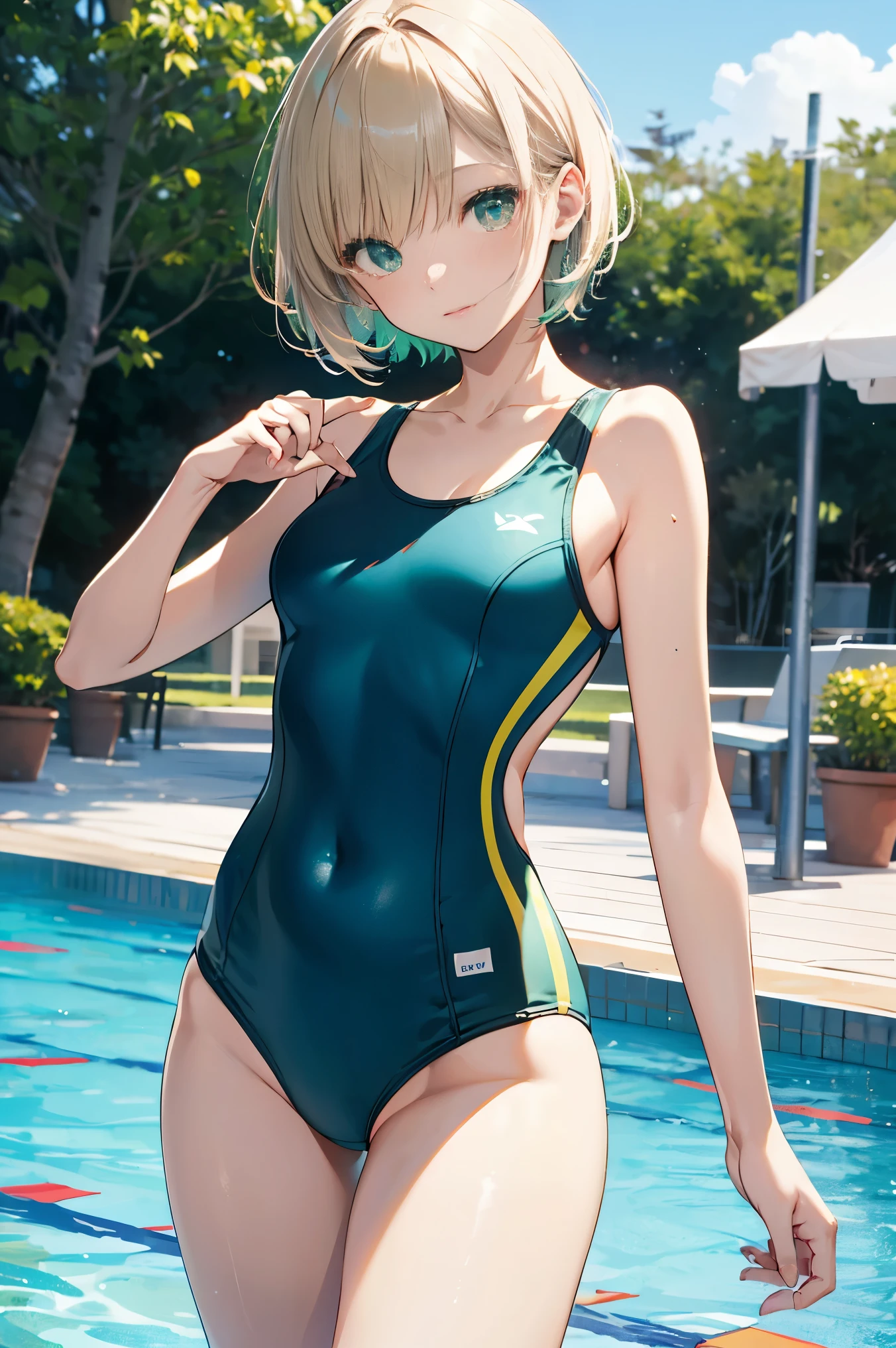 High quality、highest quality、complete limbs、Ultra high definition、Shining eyes、Full hands and fingers、slender beauty、very short hair、Wearing an all-green school swimsuit、white skin
