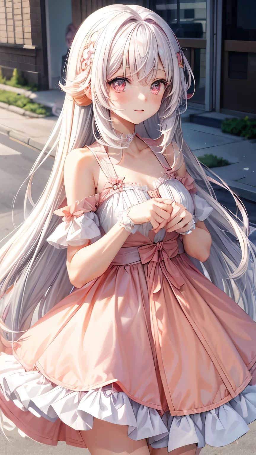 Create images of cute anime girls. White hair mixed with pink and peach ends, blue, long hair, peach pink eyes, white dress mixed with peach pink.
