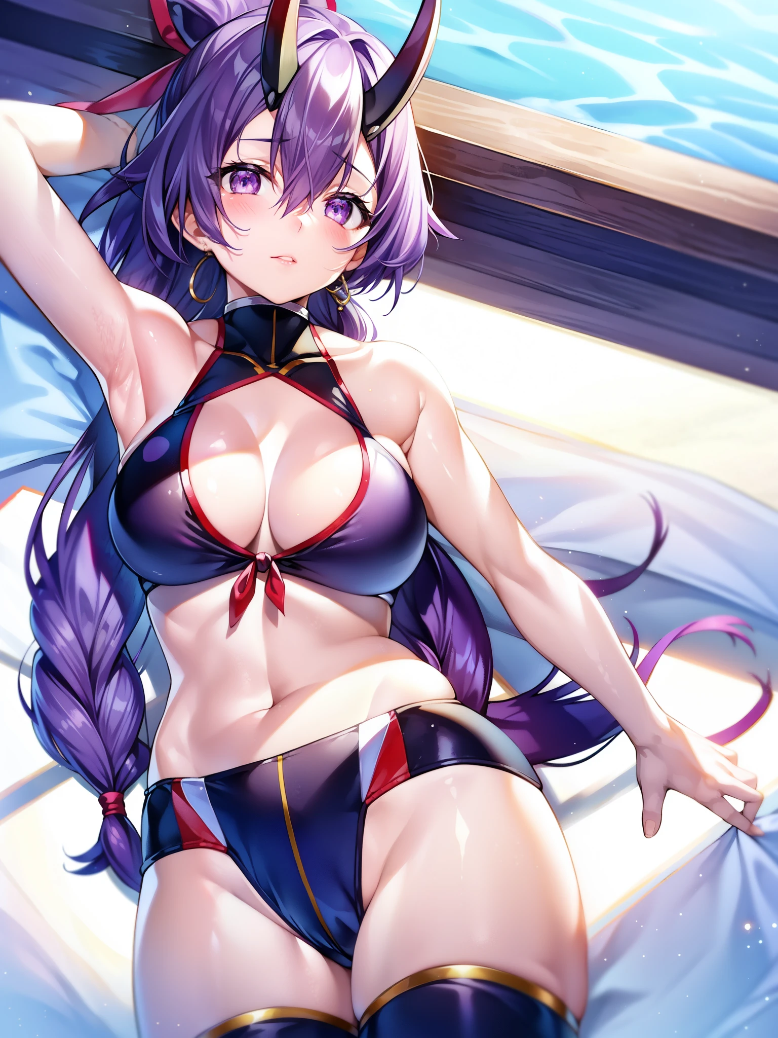 1 girl、swimsuit、solo、purple hair、belly button、Purple eye、スリングショットswimsuit、looking at the camera、armpit、cleavage、分けlips、Arm up、bikini、short hair、lips、big breasts、blush、shiny、cross halter、 (masterpiece)、(highest quality)、mature woman、Shiny skin、(beach:0.9)