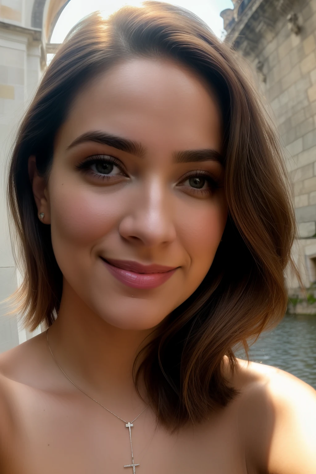 Photograph of a beautiful Latin girl, en la ciudad,completely naked , Disfrutando, Hija, verano, Chica caliente, (((busto muy pesado))), brown-hair, largo_cabello, gaze at the camera, face symmetrical, photoreallistic, Cinematographer, Spectacular lighting,, magnifica, escote, occidental, (Masterpice), La mejor calidad, High resolution, extremadamente detallado, piel con poros, fondo borroso, Profundidad de campo, Cinematic lighting