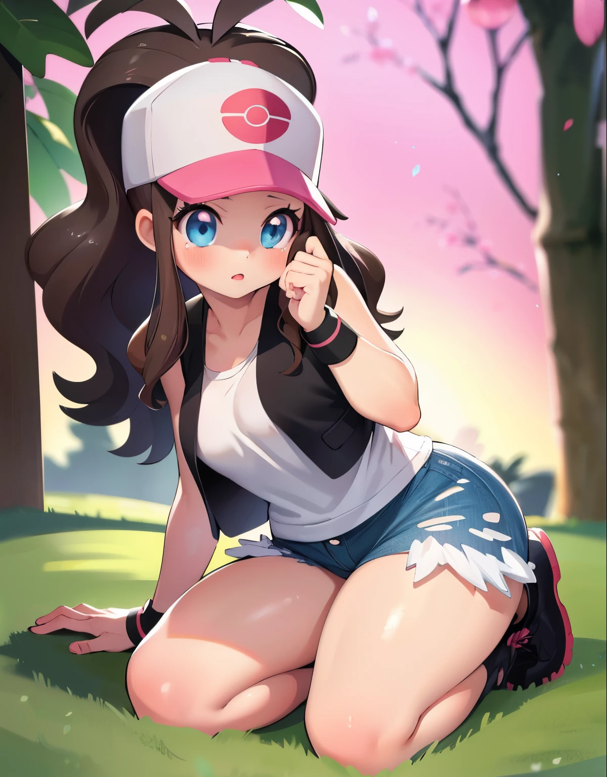 (best quality,4k,ultra-detailed,highres:1.2),photorealistic, Hilda Pokemon, def1, full body, curvy body, beautiful detailed eyes, beautiful detailed lips, longeyelashes, visible thighs, thick thighs, wiping her tears, looking at the camera, torn clothes, vivid colors, concept artists style, soft light, vibrant colors, dusty pink color tone