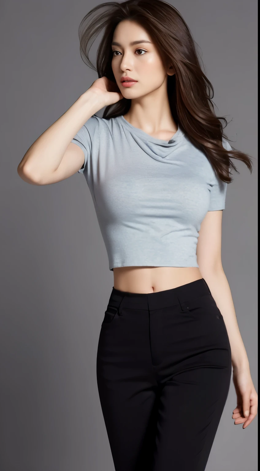 ((midnight, highest quality, 8K, masterpiece :1.3)), whole body, long legs, sharp focus :1.2, beautiful woman with perfect figure :1.4, ((dark brown hair, big breasts :1.2)), (crop top shirt, low waist pants, Are standing:1.2), abs, Highly detailed face and skin texture, fine eyes, double eyelid, high heels, Low - Angle, from below