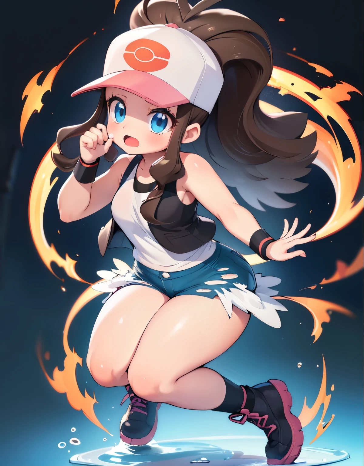 (best quality, highres:1.2), ultra-detailed, realistic:1.37, Hilda Pokemon, full body, visible thighs, thick thighs, curvy body, wiping her tears, looking at the camera, torn clothes, open mouth, cum on face, bukkake, def1, portraits, vivid colors, dim lighting