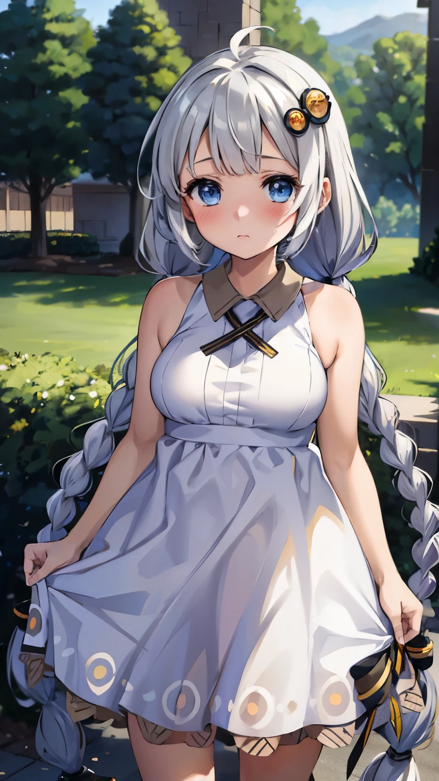 masterpiece,best quality,highres,ultra-detailed,aakari,blue eyes,long hair,ahoge,bangs,twin braids,hair ornament,light blush, ^ ^, dress, dream,