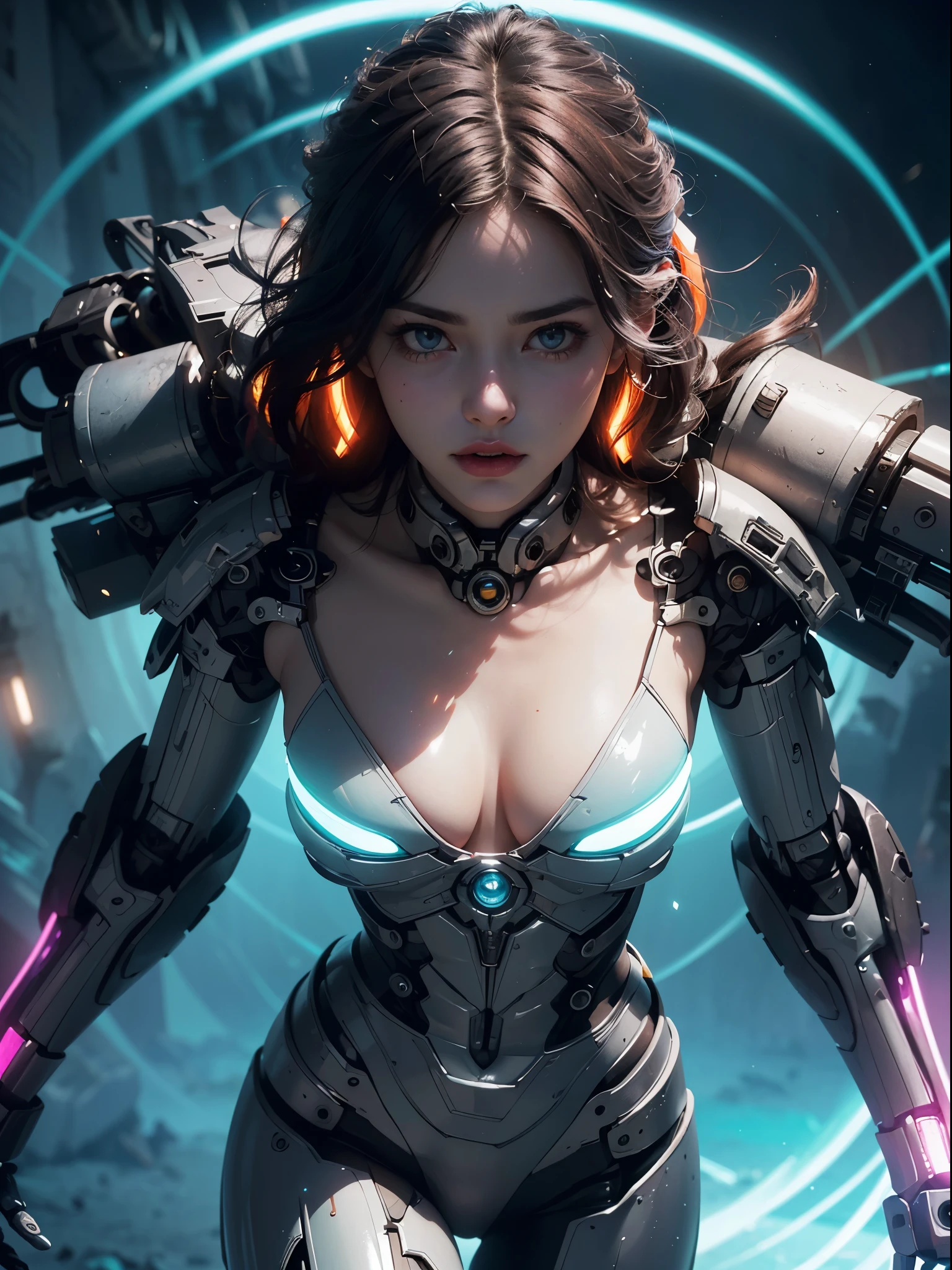 Unbeatable tmasterpiece, ultra real photo , Perfect artwork , Complicated details , Best quality , strong lights , hight contrast , dynamicposes , holland angle , (bblurry, depth of fields, bblurryforeground:1.35) ,1girl , solo , walking , dutch angle , serious , v-shapedeyebrows , mecha , mecha musume .mechanical parts , mechanical limbs ,mechanical joints , mechanical spine ,headgear , black hair , wavy hair , long hair ,(blunt bangs) , floating hair , purple eyes ,white pupils,( lens flare glow:1.25), (Glowing ambiance, enchanting radiance, luminous lighting, ethereal atmosphere, mesmerizing glow, evocative hues, captivating coloration, dramatic lighting, enchanting aura:1.7),(mechanical_background:1.5)