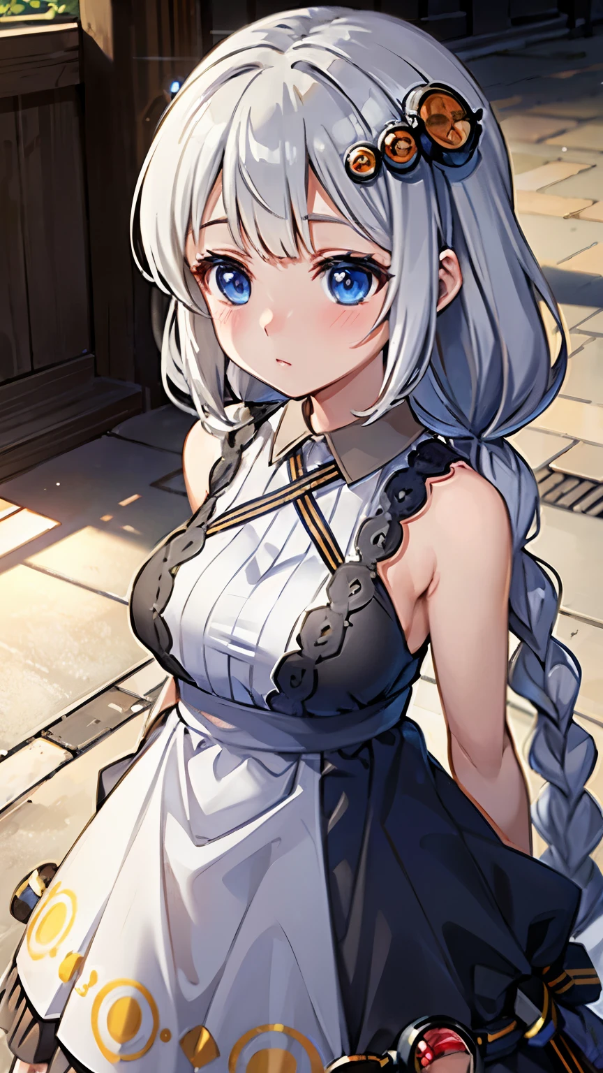 masterpiece,best quality,highres,ultra-detailed,aakari,blue eyes,long hair,ahoge,bangs,twin braids,hair ornament,light blush, ^ ^, dress, dream,
