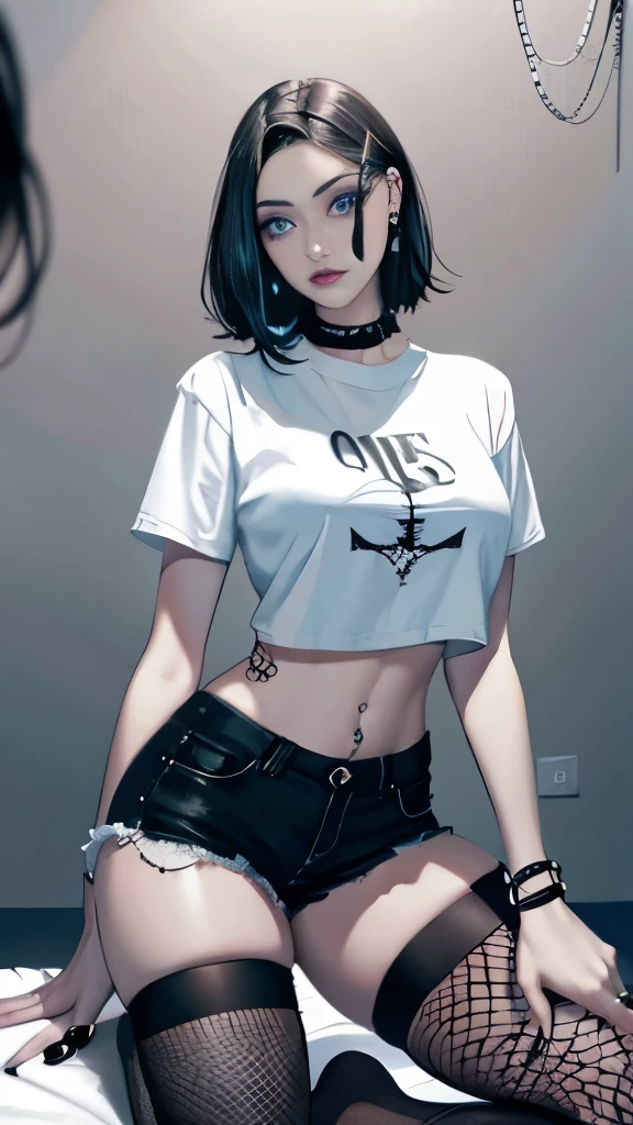 Goth woman, (goth makeup), (White skin), (a large size BIG t-shirt and skinny mini shorts), (show under ), (fishnet stockings), (navel jewellery), (pierced ears), (pierced lips), blue eyes, short messy emo hair, (bedroom background), thick thighs, BIG breasts, (8K), (wallpaper), (dynamic lighting), (detailed face and eyes:1.2)、巨乳、