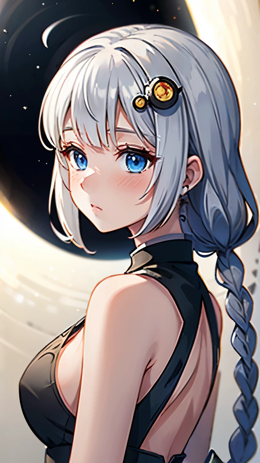 masterpiece,best quality,highres,ultra-detailed,aakari,blue eyes,long hair,ahoge,bangs,twin braids,hair ornament,light blush, China Cheongsam, bright and fine Black-Hole Accretion Disk,