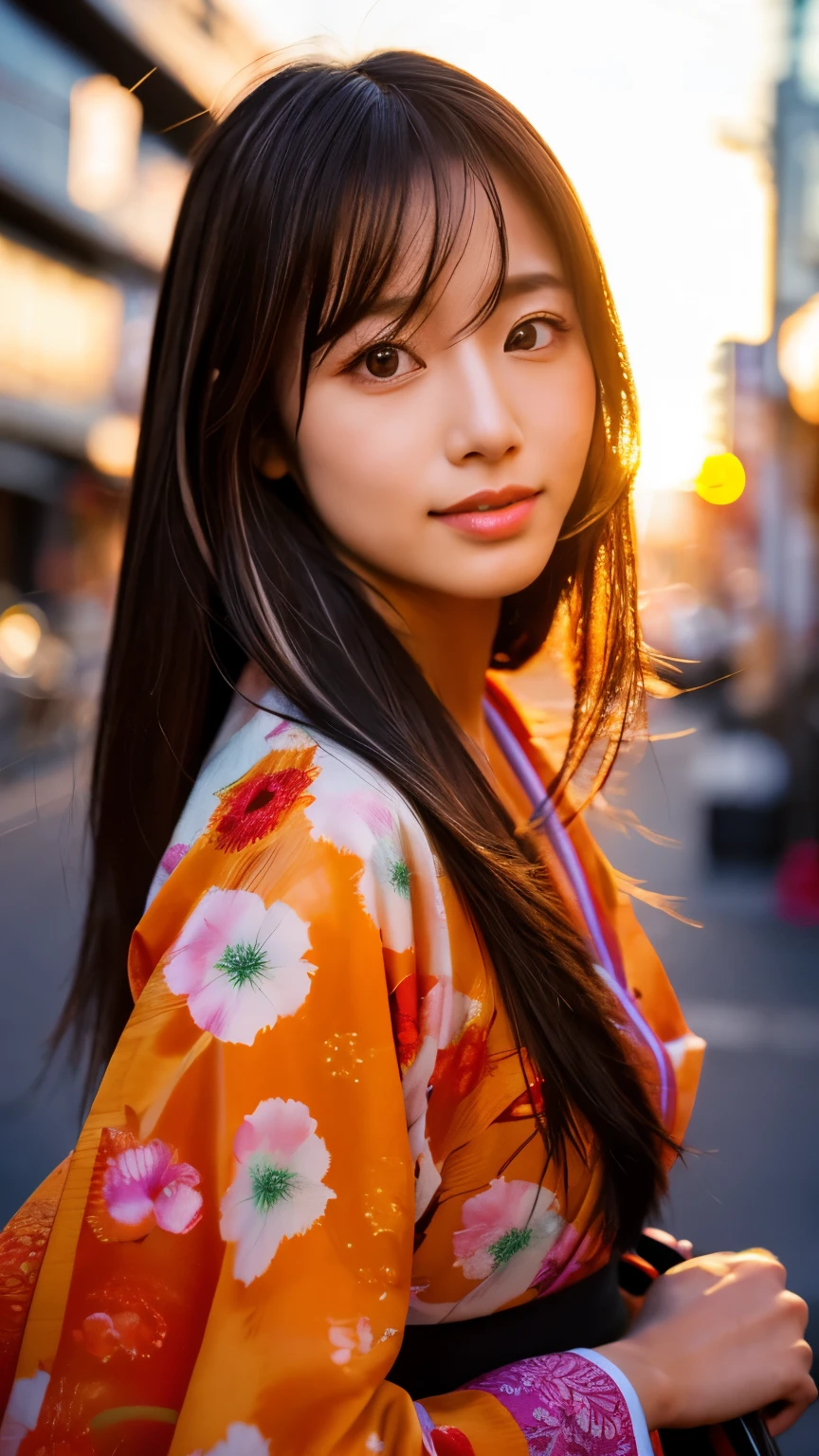Beautiful Japanese supermodel woman, A lock of hair with slight highlights, black eyes, mixed media, Sexy,Japanese street background,bright kimono , Liquid color flows across her face, sunset,Photo by Satomi Ishihara