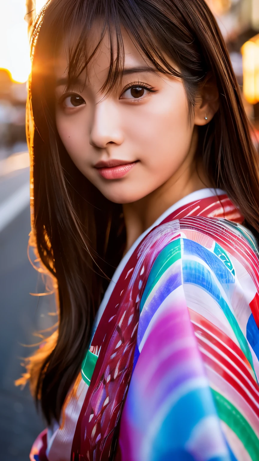 Beautiful Japanese supermodel woman, A lock of hair with slight highlights, black eyes, mixed media, Sexy，Japanese street background，bright kimono , Liquid color flows across her face, sunset，Photo by Satomi Ishihara