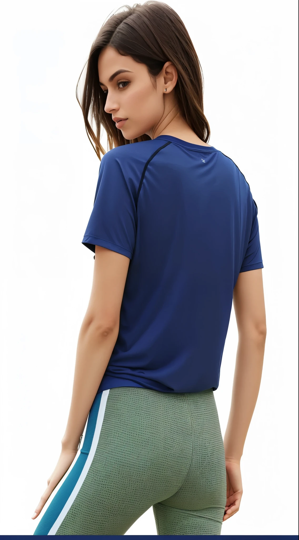 a woman in tight pants and a t-shirt is posing, camiseta azul justa, corte superior, vista traseira, sports bra and dark blue shorts, camiseta, camisa azul escura, camisa azul marinho, com camiseta rasgada, Bra and sports shirt, pose de costas, camisa de malha, vista traseira, roupas abertas no peito, vista traseira also, azul-marinho