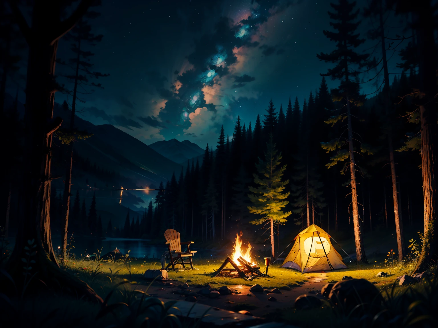 there was no one there,Single tent with campfire and deck chairs,On a beautiful night,Lying in the forest,There are stars in the sky