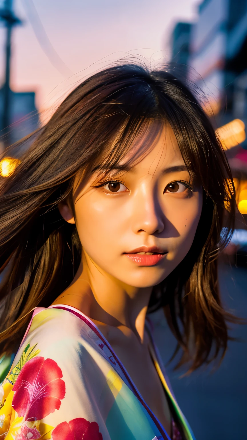 Beautiful Japanese supermodel woman, A lock of hair with slight highlights, black eyes, mixed media, Sexy,Japanese street background,bright kimono , Liquid color flows across her face, sunset,Photo by Satomi Ishihara