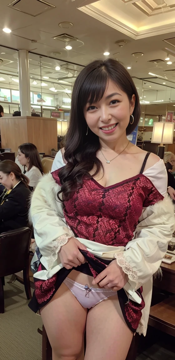 （Highest image quality、highest quality、highest resolution、masterpiece、detailed、real photos）、Beautiful and sexy 35 years old、((light brown long curly hair))、laughing、((Beautiful makeup with very dark eyes))、bright red lipstick、necklace、Larger earrings、ring、(Quite lean body)、((It's a full-body shot))、((Fashion colors are spring colors))、(Quite small:1.3)、(small lace bra and small lace panties)、Patterned blouse、mini skirt、fur coat、high heels、Shoulder bag、(They are standing and chatting happily in the lounge of a luxury hotel.)、((skirt lift))