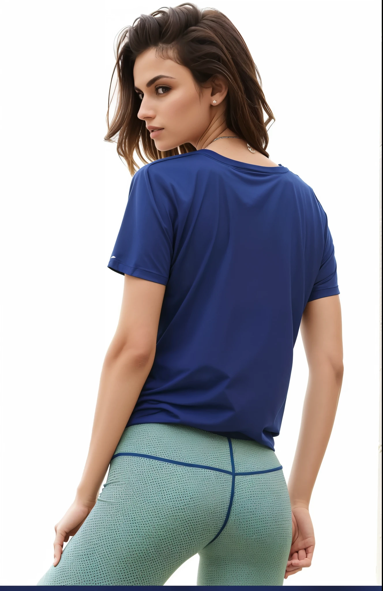 a woman in tight pants and a t-shirt is posing, camiseta azul justa, corte superior, vista traseira, sports bra and dark blue shorts, camiseta, camisa azul escura, camisa azul marinho, com camiseta rasgada, Bra and sports shirt, pose de costas, camisa de malha, vista traseira, roupas abertas no peito, vista traseira also, azul-marinho