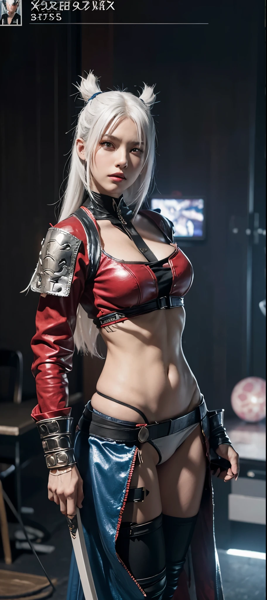 a close up of a person in a costume with a sword, as a character in tekken, female character, tifa lockhart with white hair, katana zero video game character, lunar themed attire, kda, slim body, cyborg - girl with silver hair, upper body avatar, fashion gameplay screenshot, fighting game character, new character, floralpunk elysian maiden, sigma female