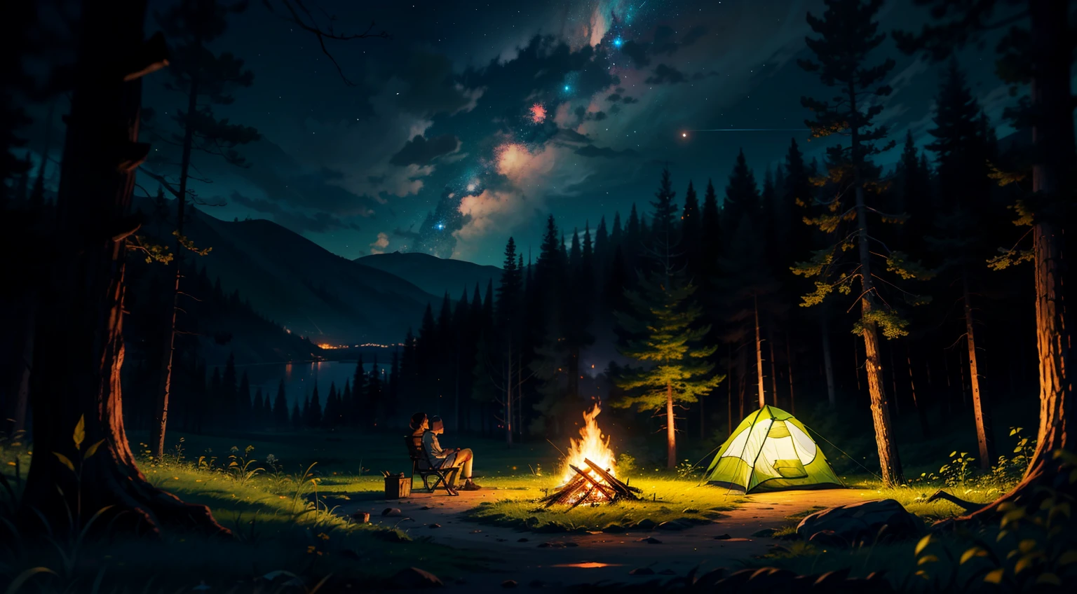 there was no one there,Bonfire and single tent,On a beautiful night,Lying in the forest,There are stars in the sky