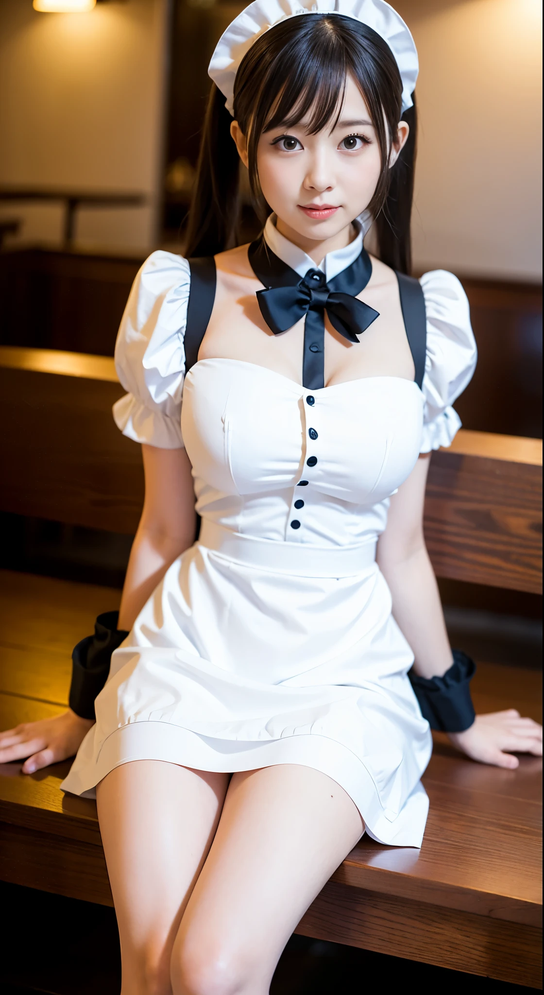 There is a woman sitting on a bench in a restaurant, Anna Millers uniform、spread your legs,Show white panties,thin waist、big exy ponytail、Sexy、Girl to La(Girl and La)(Girl and La)(Girl and La)(Girl and La)(Girl and La), Ayaka cosplay, white and orange breastplate, maid dress, anime girl cosplay, , wearing a maid outfit, cosplay, maid costume, maid costumeを着たアニメの女の子