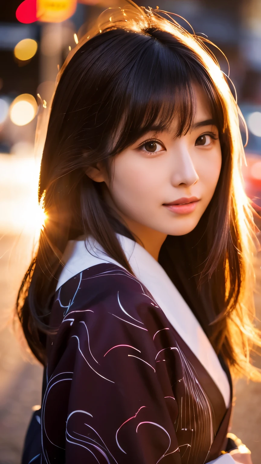Beautiful Japanese supermodel woman, A lock of hair with slight highlights, black eyes, mixed media, Sexy,Japanese street background,bright kimono , Liquid color flows across her face, sunset,Photo by Satomi Ishihara