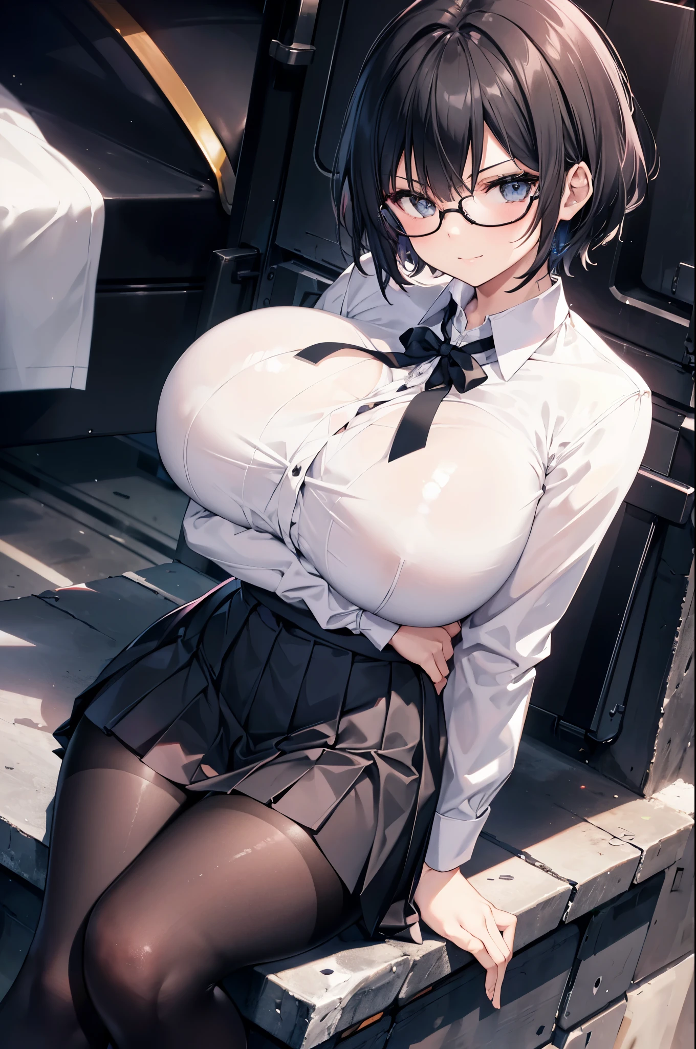 1 girl, glasses, (arms folded under breasts:1.2), evil smile, (slim body:1.2), (huge breasts:1.3), (slender legs:1.1), black hair, short hair, white long sleeve shirt, pleated skirt, (black tights:1.1),