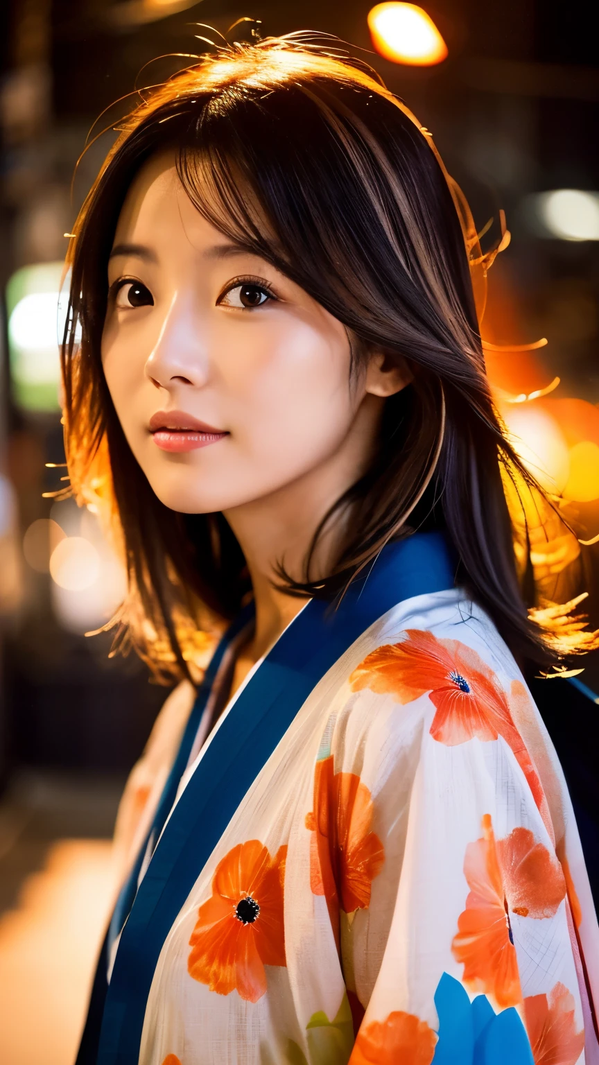 Beautiful Japanese supermodel woman, A lock of hair with slight highlights, black eyes, mixed media, Sexy，Japanese street background，bright kimono , Liquid color flows across her face, sunset，Photo by Satomi Ishihara