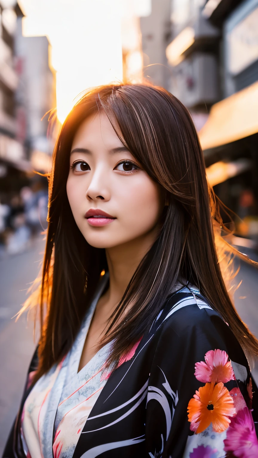Beautiful Japanese supermodel woman, A lock of hair with slight highlights, black eyes, mixed media, Sexy，Japanese street background，bright kimono , Liquid color flows across her face, sunset，Photo by Satomi Ishihara