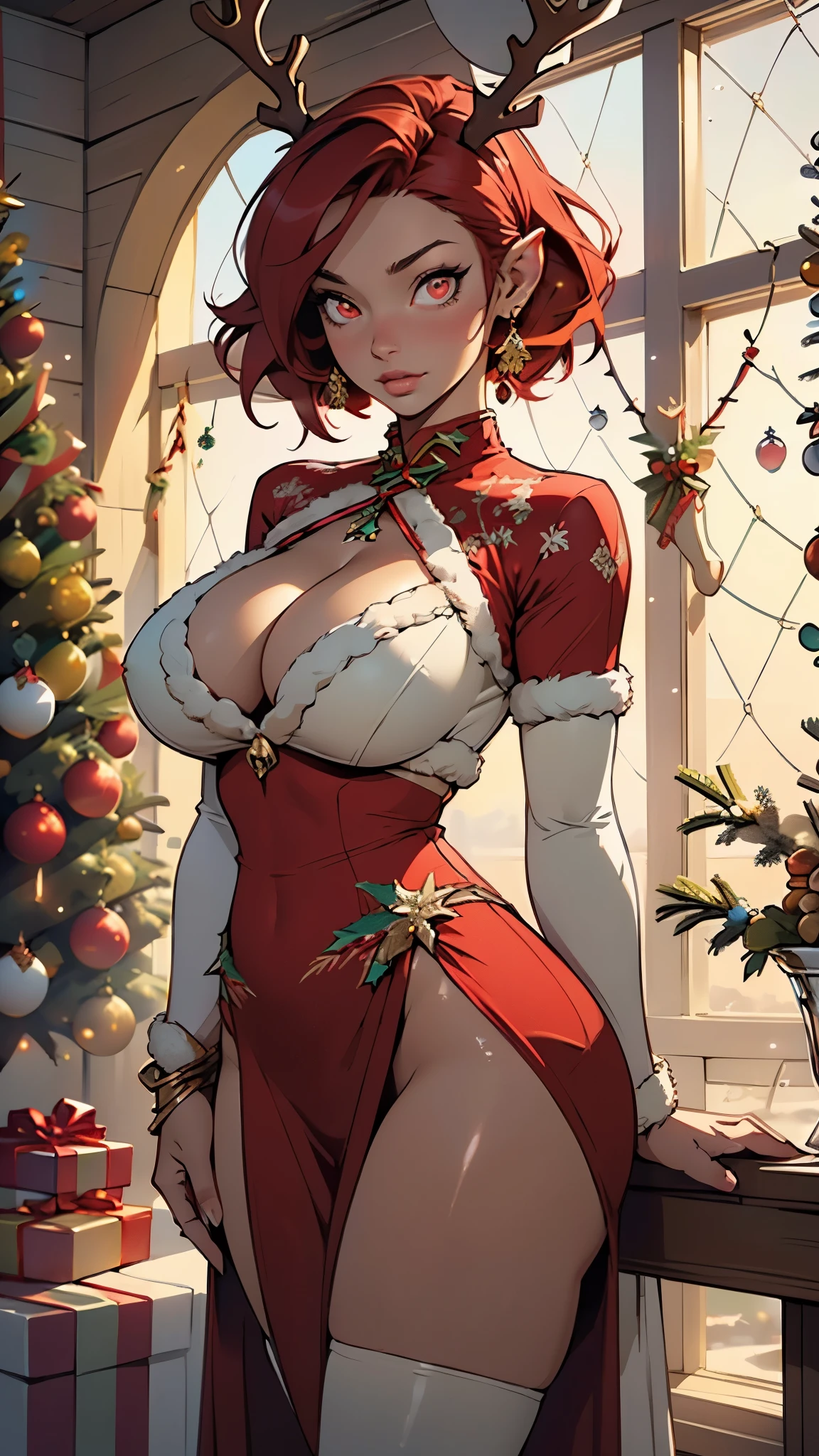 reindeer girl,(((1girl))),((extremely cute and beautiful aqua haired anime reindeer girl)),

(((anthro furry:1.2),Playboy_Reindeer, reindeer_antlers,(huge antlers:1.2,dear antlers:1.2,blooming antlers:1.2))),(large breasts:1.4),saggy breasts,((((red hair:1.35,short red hair,colored inner hair,ear breathing)))),(((red_eyes:1.3))),intricate eyes,beautiful detailed eyes,symmetrical eyes,big eyes:1.5,(((lustrous skin:1.5,bright skin: 1.5,skin tanned,shiny skin,very shiny skin,shiny body,plastic glitter skin,exaggerated shiny skin,illuminated skin))),(spider lower abdomen,narrow waist,wide hip,athletic body,inflated legs,thick thighs,detailed body,(detailed face)),

cute,slutty,seductive,erotic,(((nsfw))),

zettai ryouiki,revealing clothing,show skin,(((red winter costume:1.5,elegant costume))),(((Show cleavage))),(((intricate outfit,intricate clothes))),

(dynamic pose:1.0),embarrassed,(centered,scale to fit dimensions,Rule of thirds),

inside,indoor,((barn room)),scenery:1.25,((intricate scenery)),((winter decorations)),(Christmas tree:1.5),

(Glossy winter ornaments),highres,sharp focus,(ultra detailed,extremely detailed),(photorealistic artwork:1.37),(extremely detailed CG unity 8k wallpaper),(((vibrant colors,vibrant theme))),(intricate),(masterpiece),(best quality),
