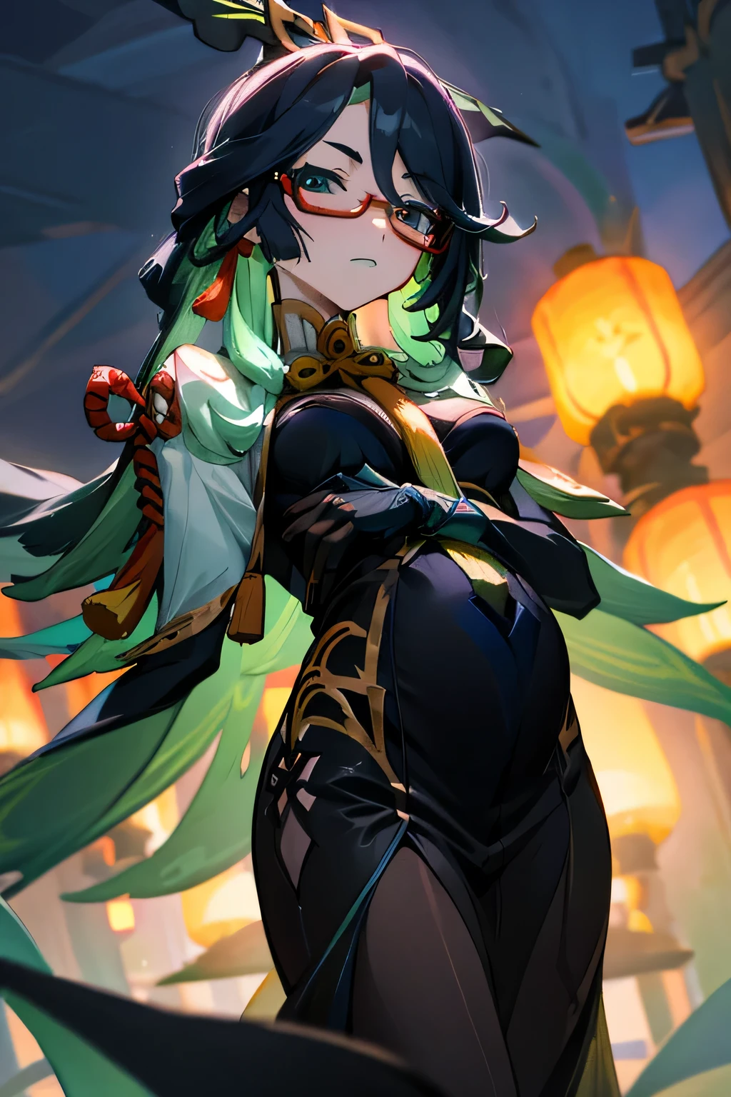 ((best quality)), ((masterpiece)), (detailed), perfect face, 1girl, chinese festival, night time, yellow lanterns, long green dress, red glasses, pregnant belly, bloated belly, high res, ultrasharp, 8K, masterpiece, looking at viewer