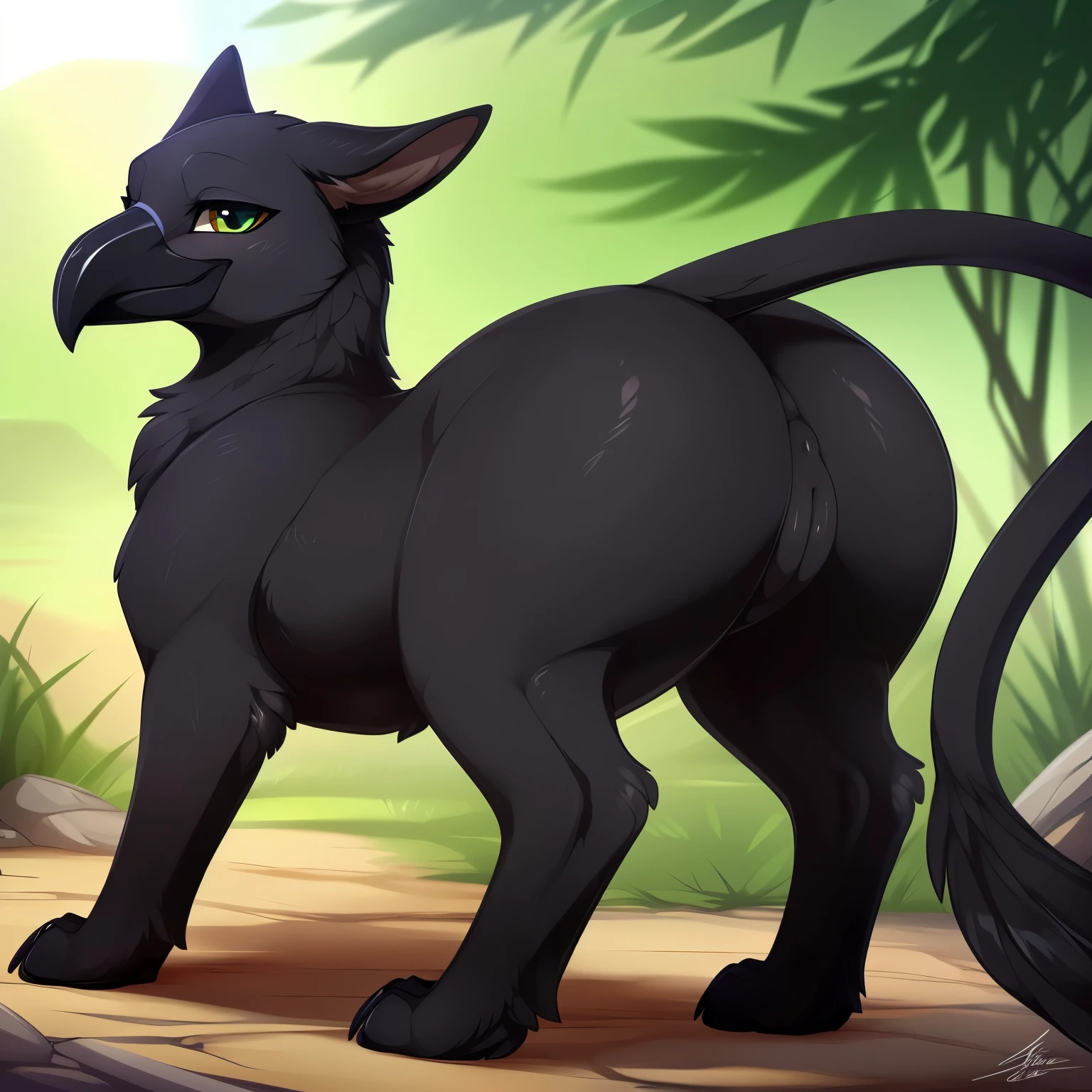 ((black_gryphon)), all_black_panther_body, (feral_quadruped), (by shikaro), (by Inno-Sjoa), (by asaneman), (by DAGASI), female, big_butt, ((excessively_wide_hyper_hips)), normal_tail, (massive_hyper_labia), very_tiny_(digitigrade_feet), (long_(black_crow_beak)), (Perfect_eyes), sexy, seductive, 1080p, (best quality), (masterpiece),