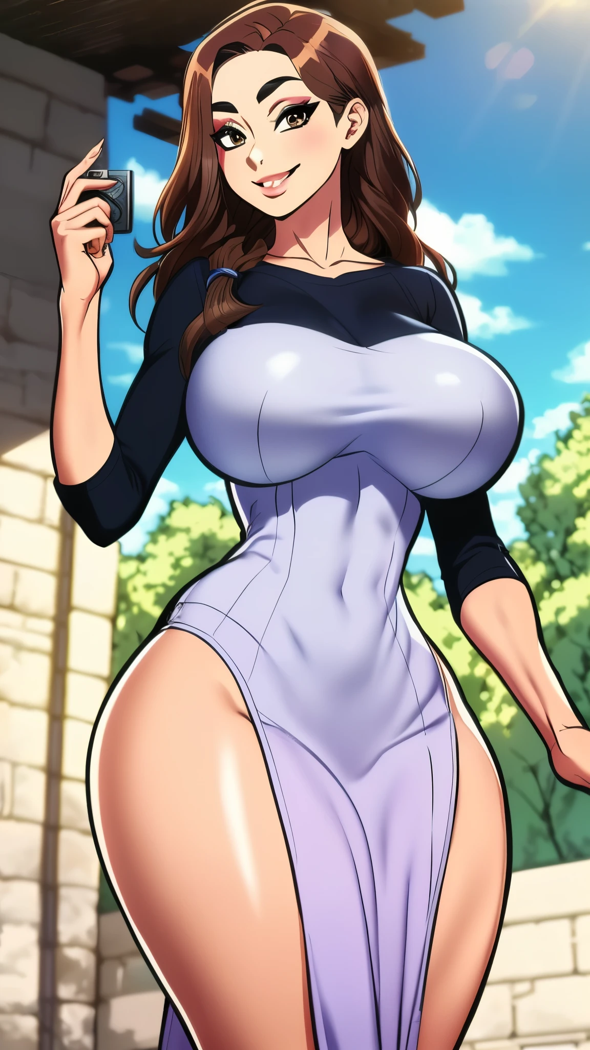 1girl, (solo:1.2), (standing:1.3), (posing for the camera:1.3), (cowboy shot:1.5), smile, happy, at ease, (curvy:1.2), (masterpiece:1.3), (best quality:1.3), (perfect anatomy:1.4), highly detailed, agawa, vibrant colors, warm palette, expressive, solid shading, clean lineart, (gigantic breasts:1.4), (brown hair:1.3), beautiful face, beautiful eyes, (curvy:1.4), long hair, (casual attire:1.5), shirt, loose fit, (small town:1.3), street, daylight, blue sky, western architecture、8K,high quality,anime,married woman,fair skinned,beautiful face,small face,clean,bright,eye highlights,sexy,super big tits,beautiful line drawing. Black hair, white skin, brown eyes,
