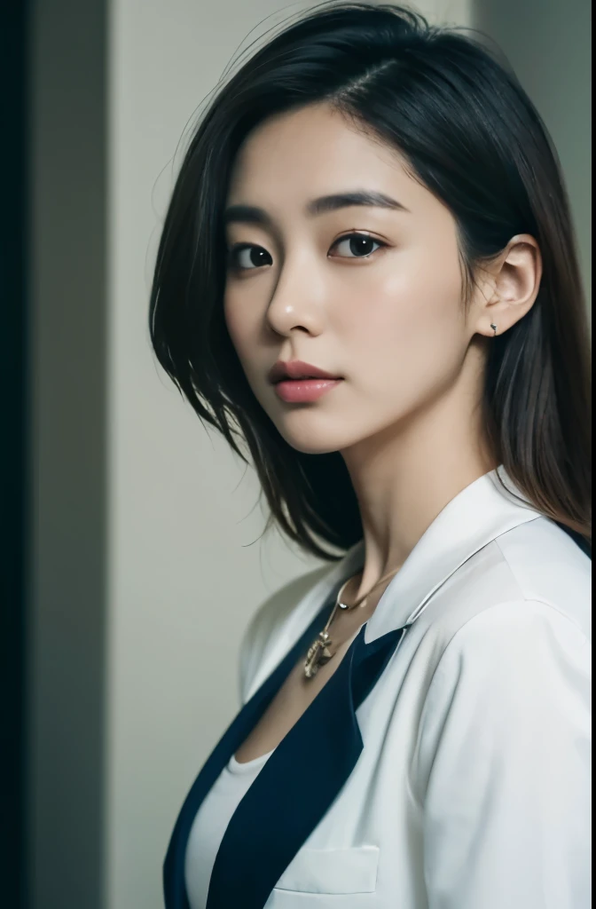 (Highly detailed CG Unity 8K wallpaper, highest quality, super detailed, look at the camera:1.2, light shines on your face:1.5, gray background, professional lighting), upper body, 28-year-old Japanese female paralegal. Hair is medium-length, dark, pulled back in a practical style; oval face with defined brows, intelligent almond-shaped eyes, a straight nose, and a composed mouth. Attire includes a tailored navy blazer, crisp white shirt, understated pendant necklace, symbolizing her efficient and focused nature.