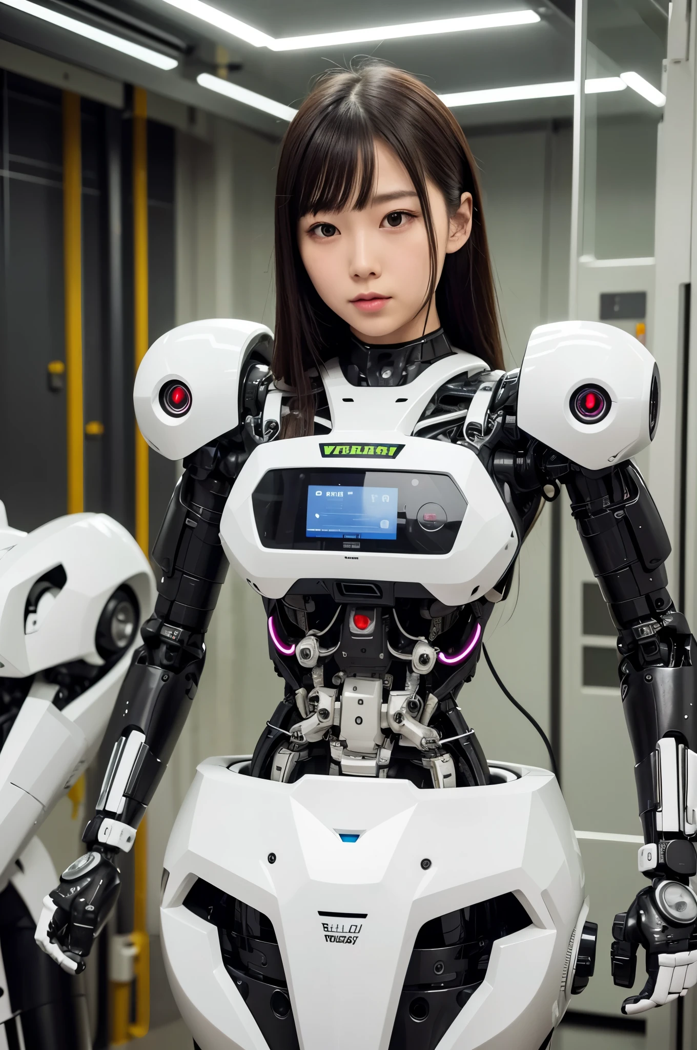 masterpiece, best quality, extremely detailed,  Japaese Cyborg girl,Plump , control panels,android,Droid,Mechanical Hand, Robot arms and legs, Black Robot Parts,Black hair,Mechanical body,Blunt bangs,White robotics parts,perfect robot girl,long tube,thick cable connected her neck,ceramic body ,mechanical body, mechanical ear cover, mechanical costume,android,robot,humanoid,cyborg,japanese android woman ,mechanical chest,full eyes,future laboratory,connecting a cable between the legs,a bit chubby,