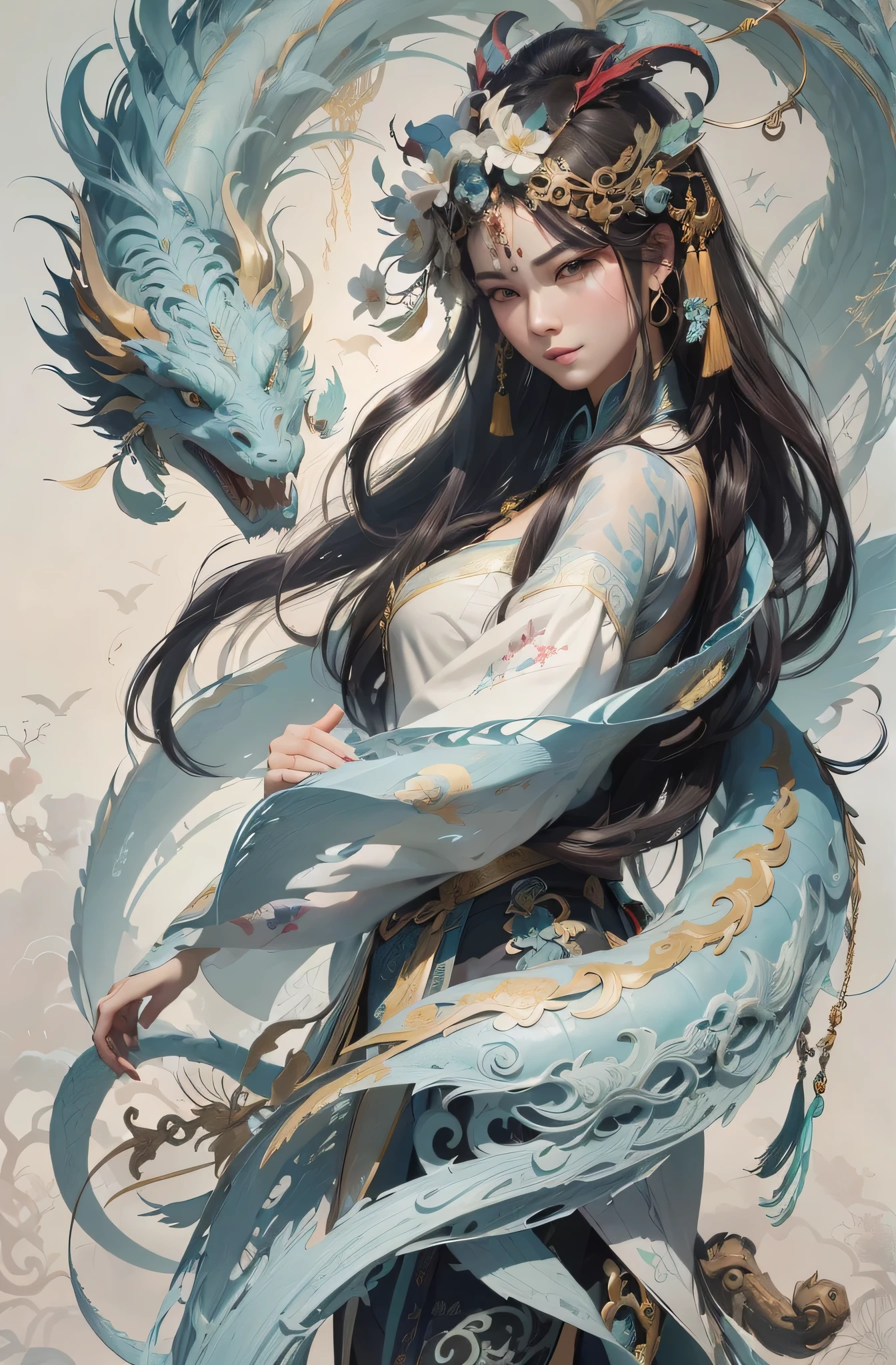 Close-up of woman with a dragon on her shoulders, the dragon女 portrait, author：Yang Jie, beautiful figure painting, dragon女, author：Li Song, Atjem and Ruan Jia, A beautiful artistic illustration, Ruan Jia and artgerm, By Zeng Jing, dragon, author：Victor Wang, guweiz style artwork