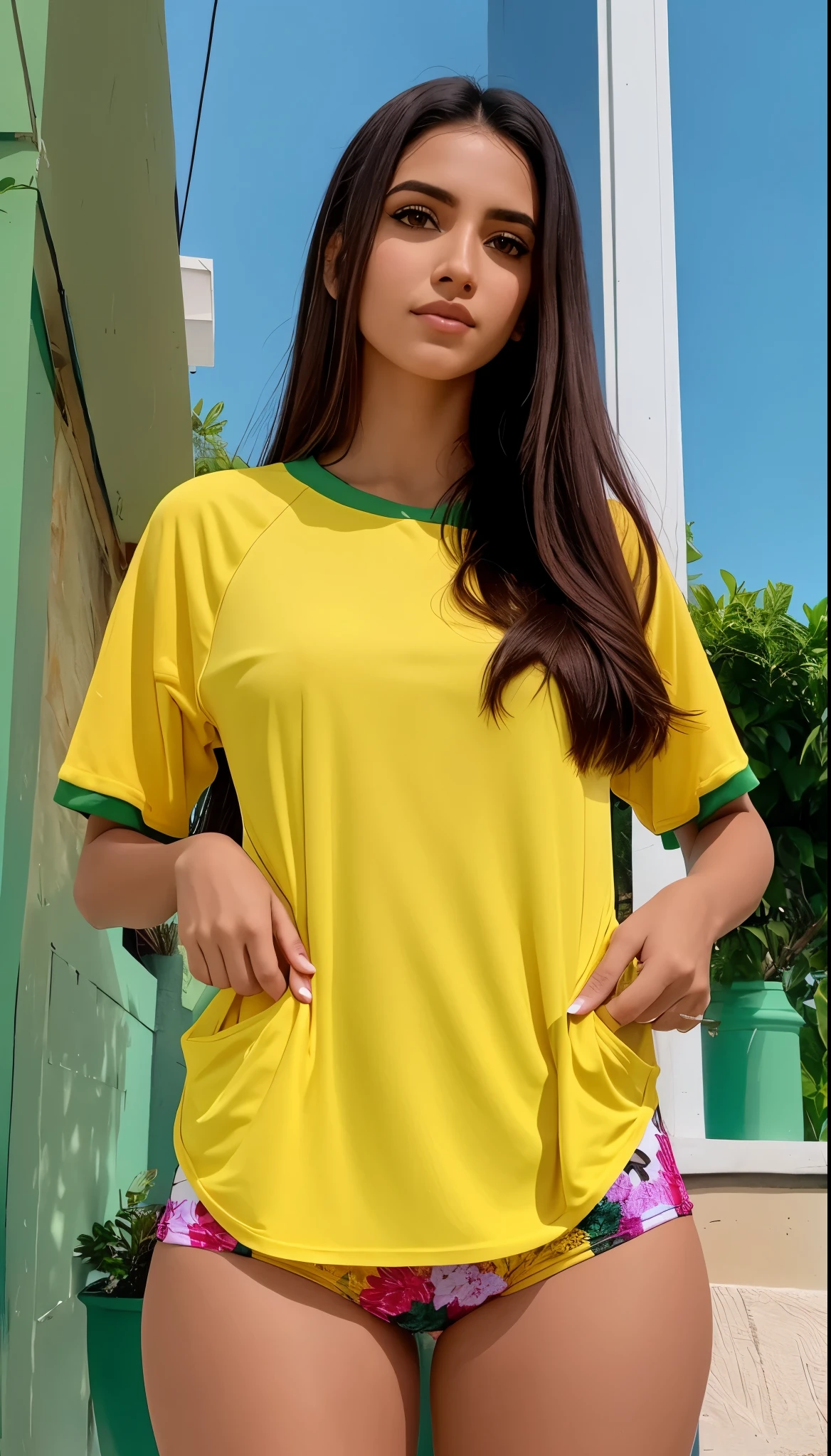 mulher araffe com camisa amarela e shorts legging florais posando para uma foto, fernanda suarez, malika favre, vestindo uma camiseta amarela moderna, Andreia Rocha, wearing a volleyball jersey, brasil, brasileiro, amarelo e verde, Senhora deslumbrante, looks like fabiula nascimento, com panos amarelos, Carolina Gariba, imagem frontal, verde e amarelo