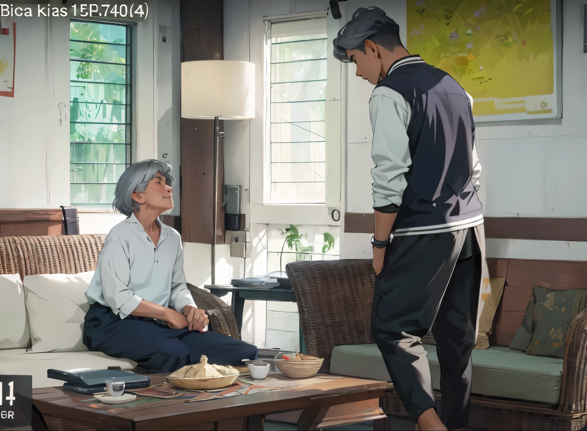 There is a 60-year-old woman sitting and a 15-year-old silver-haired boy comes to greet her.