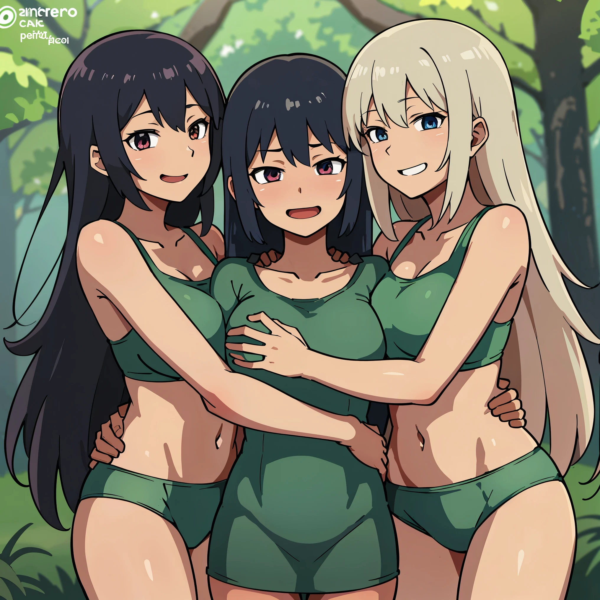 Anime illustration of a harem of anime girls in camp outfits this. In a forest and they hug and smile in a perverted way 