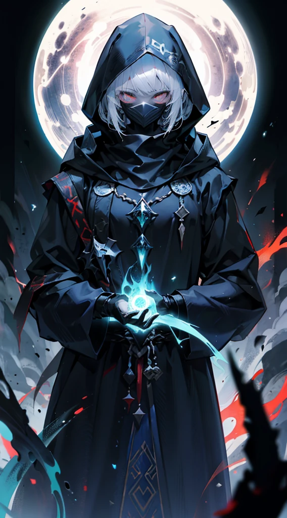 spawn of darkness, image of a killer, long coat with hood with leather inserts and straps, glowing eyes, all-consuming rage, blue flame, view of the medieval city from the roof of a house in the background, creating magic, short silver hair, dynamic pose, lean, blurred silhouette, half-mask on the face, digital image, ultra quality, avatar image, Supernatural Being