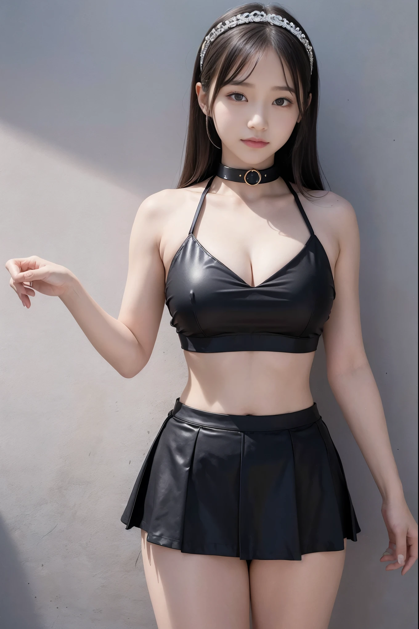 (8x_NMKD-Superscale_150000_G),(8K, Super high quality,highest quality),(masterpiece:1.5),(iron collar:1.5),(girl),(18 years old),(Bikini with black skirt),A beautiful girl who was brainwashed in a foreign land wears a collar and black leather costume and becomes a subordinate of the king.,