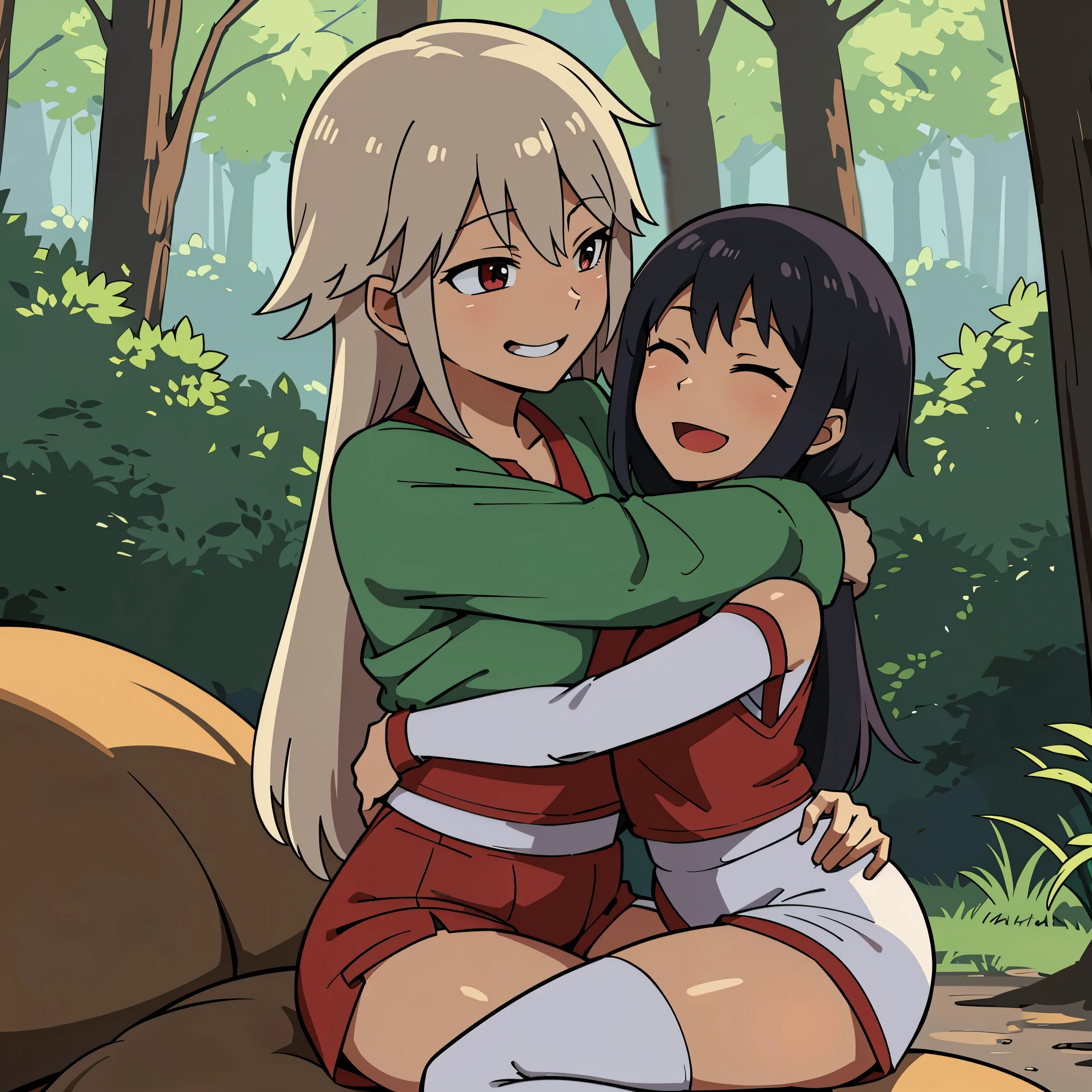 Anime illustration of a harem of anime girls in camp outfits this. In a forest and they hug and smile in a perverted way 