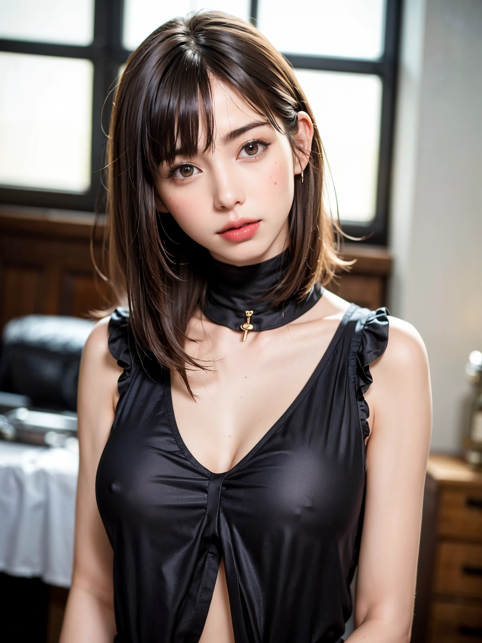 (table top, highest quality、high detail:1.4、very attractive beauty、Adds intense highlights to the eyes、look closely at the camera:1.4、Beautiful woman full of charm、ideal body proportions、perfect anatomy、brunette short bob hair、shiny hair、bangs:2、光沢のあるbangs:2、lip gloss),1 girl, Report, light brown shiny hair, scarf,realistic, looking at the viewer、Please tilt your head slightly, bright colored crystal light blue eyes, short and shiny hair、 chest中央に穴の開いた白いタートルネックの衣装,chestの真ん中に丸い穴のあるセクシーな白いタートルネック ニット セーター、 lips, lip gloss, Upper body、Big eyes、eyelash、face is a little red、embarrassing)、((italian road in winter))、((short hair with Big eyess、Give students very powerful highlights、{Huge|big|Hugeな|mega} chest:2、very bigger chest:2、look at the audience、very beautiful beauty、please show me your ears、long neck、smile a little、beautiful teeth、open your mouth and smile、heart shaped eyes))、28 years old、very cute super model、portrait:2、close up face:2