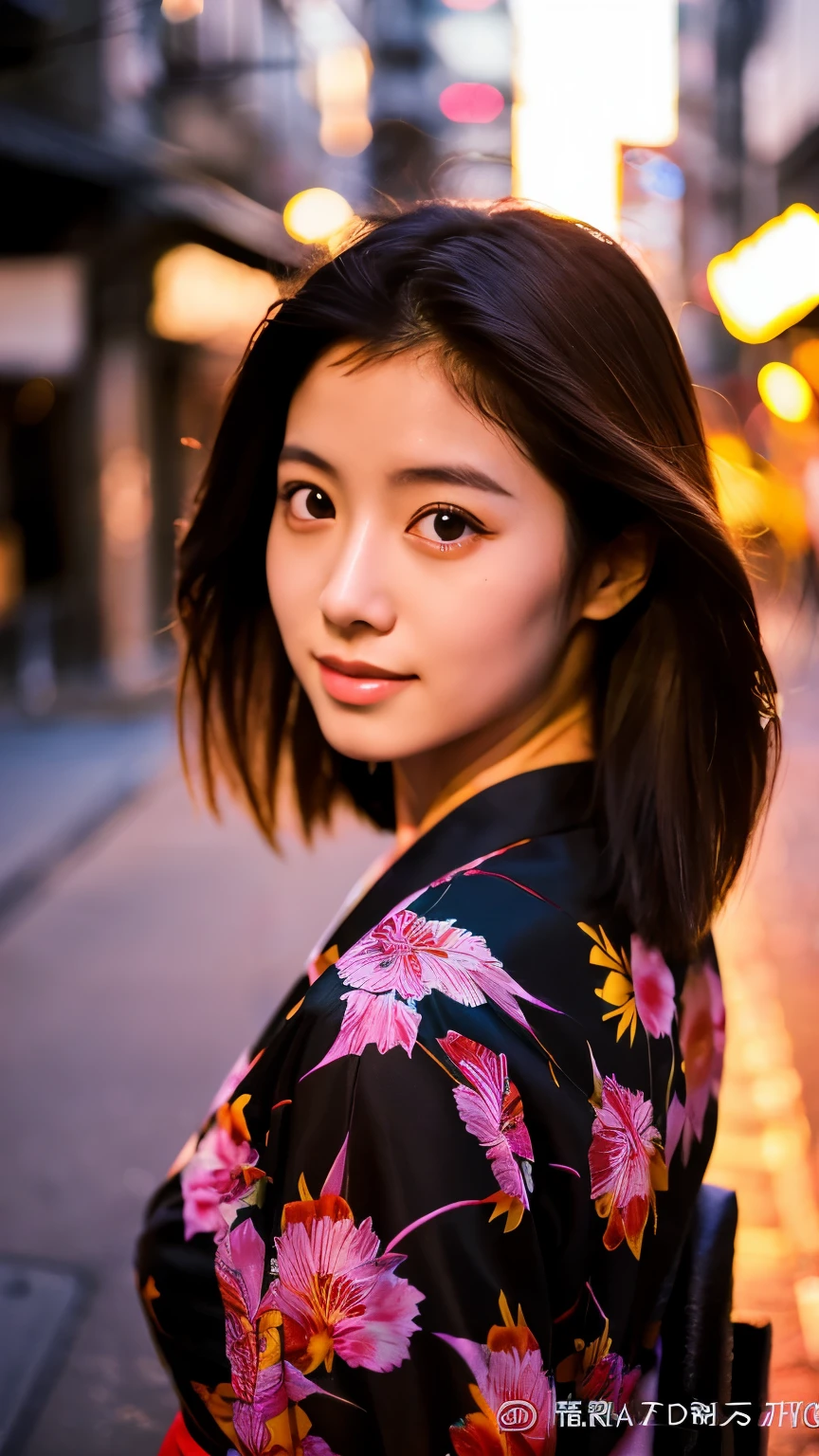 Beautiful Japanese supermodel woman, A lock of hair with slight highlights, black eyes, mixed media, Sexy,Japanese street background,bright kimono , Liquid color flows across her face, sunset,Photo by Satomi Ishihara