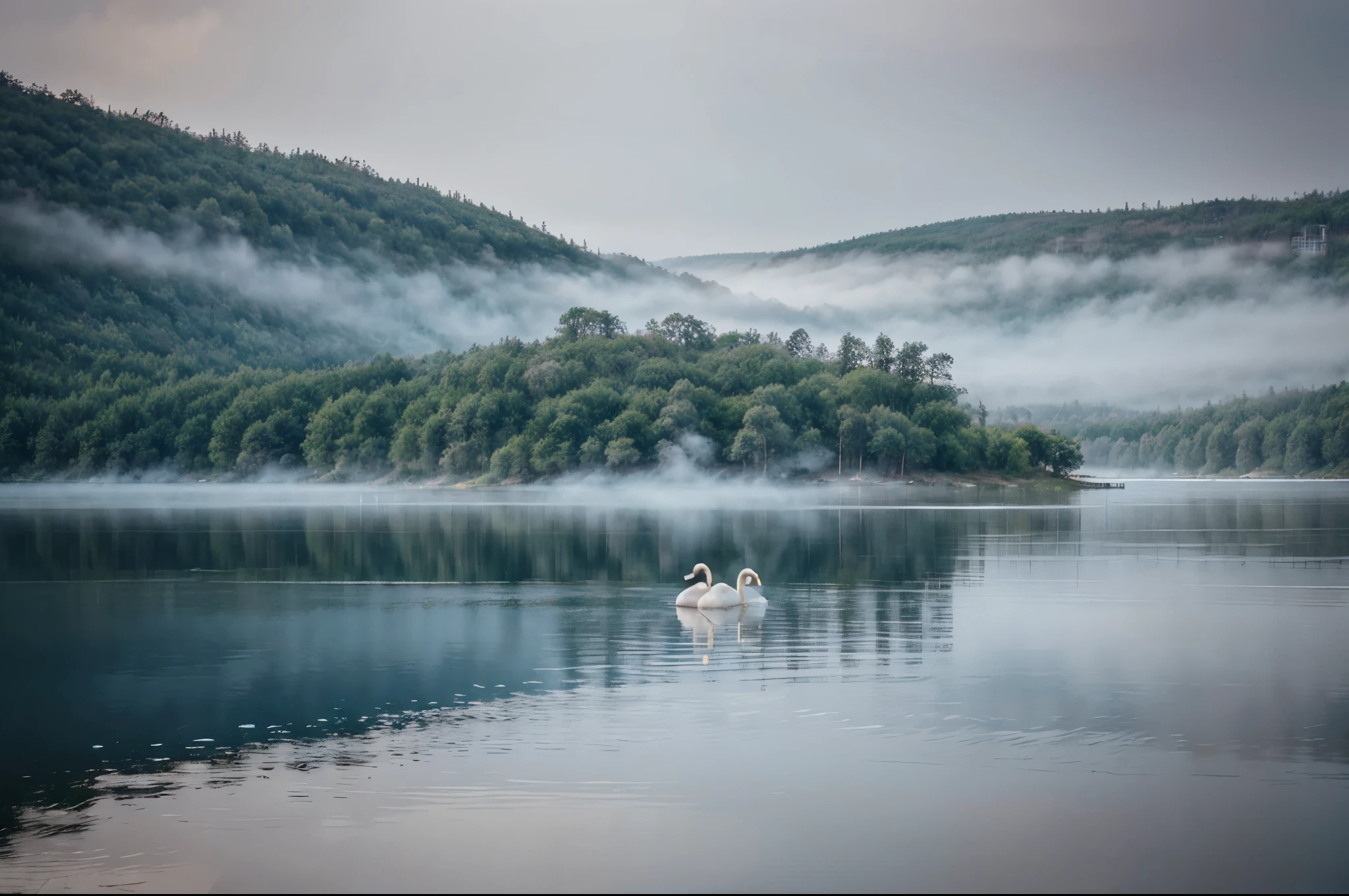 Scandinavian lake landscape shrouded in soft pastel morning mist。Two swans swimming gracefully on the surface of the lake。A hazy forest scenery spreads out in the distance。dreamy blue world。