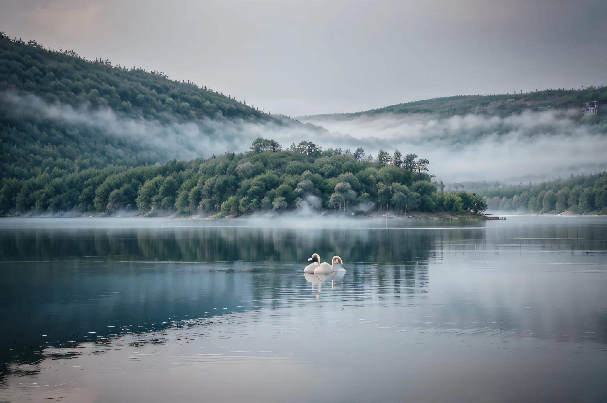 Scandinavian lake landscape shrouded in soft pastel morning mist。Two swans swimming gracefully on the surface of the lake。A hazy forest landscape spreads out in the distance。dreamy blue world。