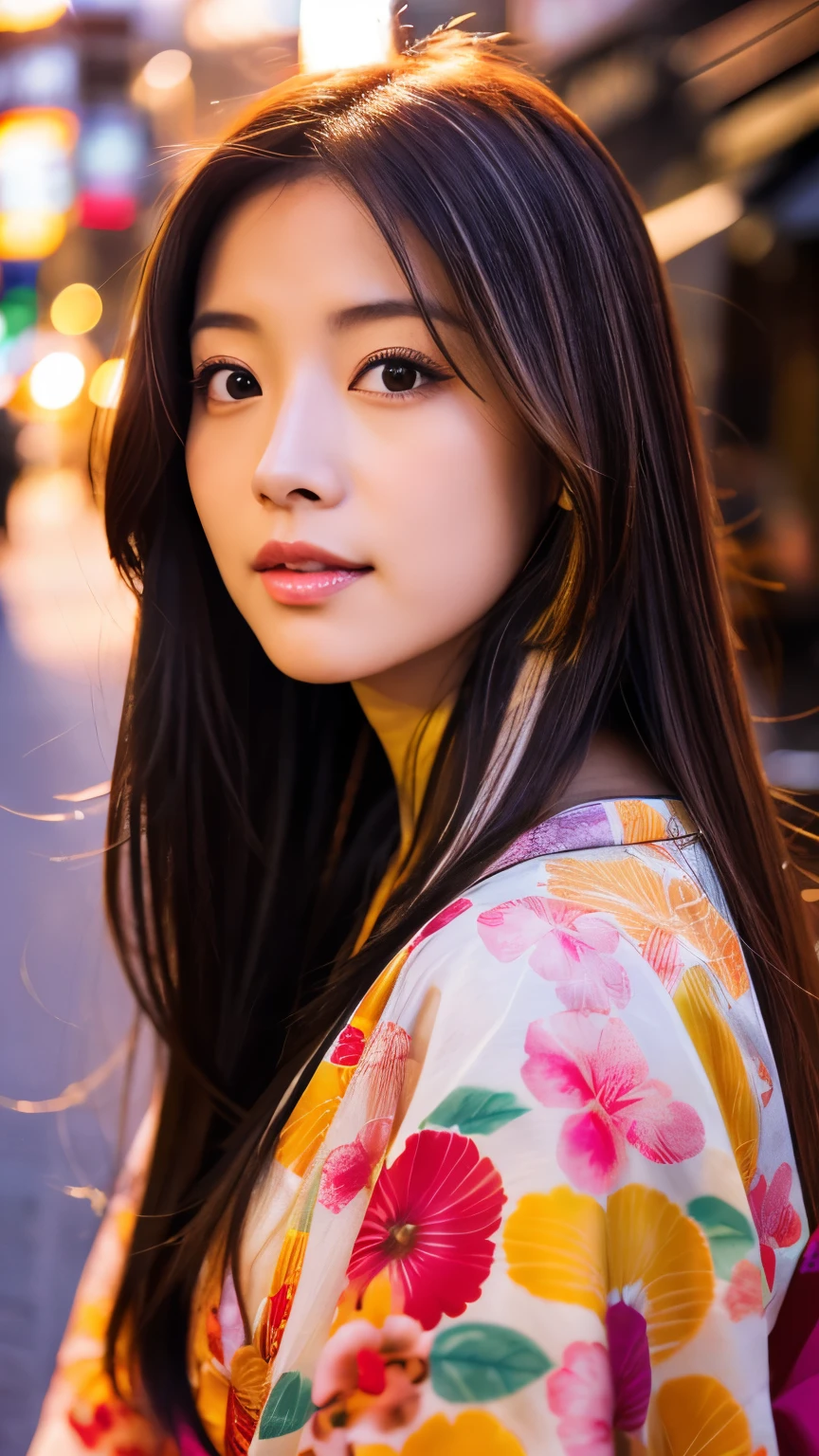 Beautiful Japanese supermodel woman, A lock of hair with slight highlights, black eyes, mixed media, Sexy，Japanese street background，bright kimono , Liquid color flows across her face, sunset，Photo by Satomi Ishihara