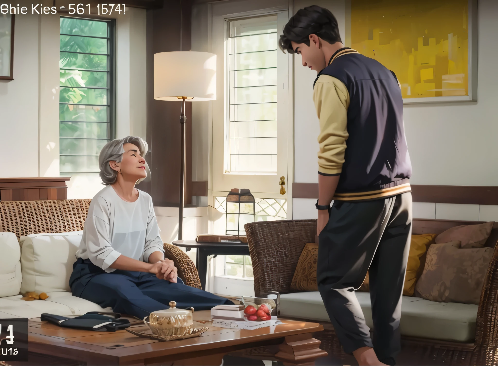 There is a 50-year-old woman sitting and a 15-year-old silver-haired boy comes to greet her.