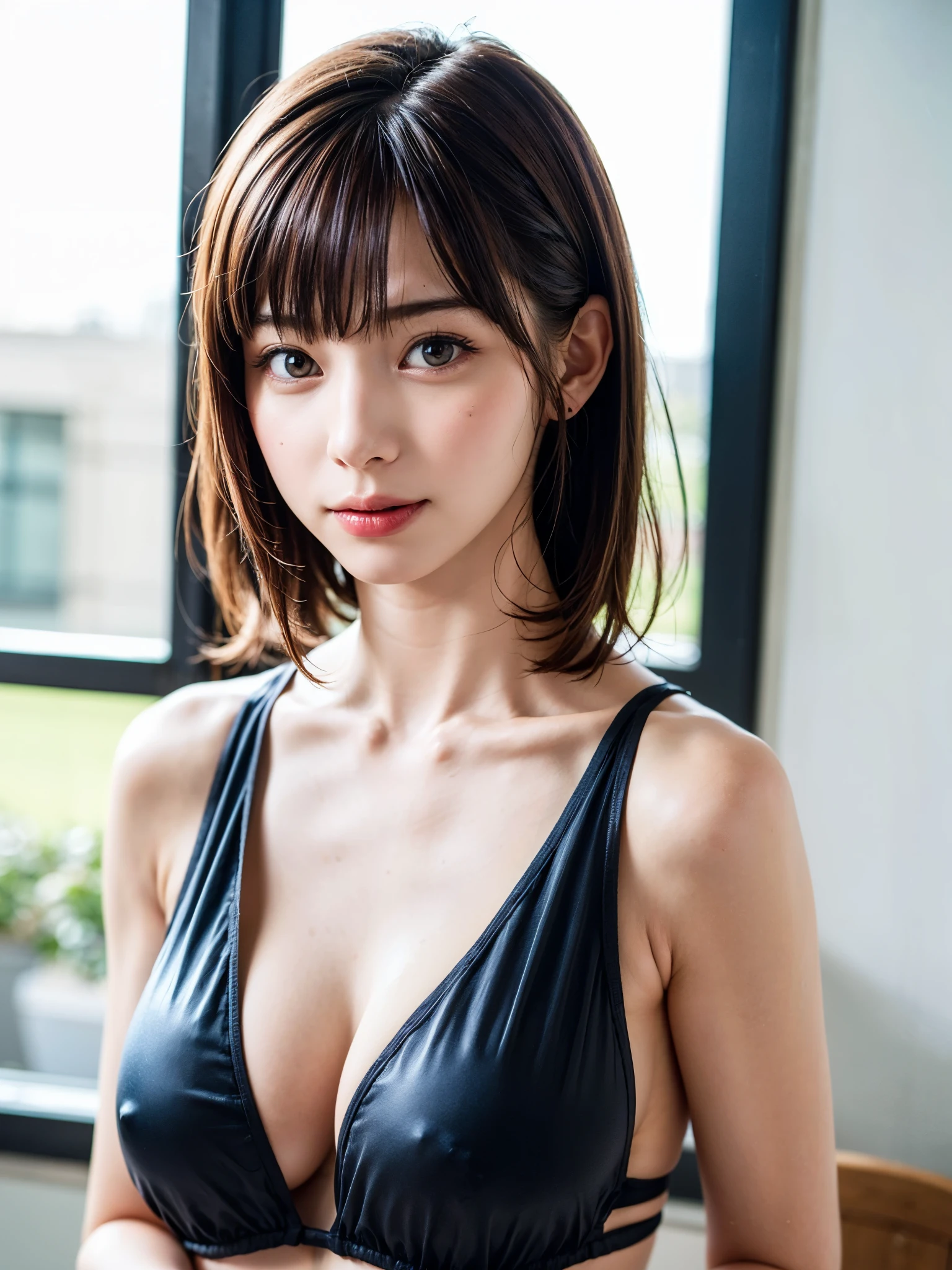 (table top, highest quality、high detail:1.4、very attractive beauty、Adds intense highlights to the eyes、look closely at the camera:1.4、Beautiful woman full of charm、ideal body proportions、perfect anatomy、brunette short bob hair、shiny hair、bangs:2、光沢のあるbangs:2、lip gloss),1 girl, Report, light brown shiny hair, scarf,realistic, looking at the viewer、Please tilt your head slightly, bright colored crystal light blue eyes, short and shiny hair、 chest中央に穴の開いた白いタートルネックの衣装,chestの真ん中に丸い穴のあるセクシーな白いタートルネック ニット セーター、 lips, lip gloss, Upper body、Big eyes、eyelash、face is a little red、embarrassing)、((italian road in winter))、((short hair with Big eyess、Give students very powerful highlights、{Huge|big|Hugeな|mega} chest:2、very bigger chest:2、look at the audience、very beautiful beauty、please show me your ears、long neck、smile a little、beautiful teeth、open your mouth and smile、heart shaped eyes))、28 years old、very cute super model、portrait:2、close up face:2