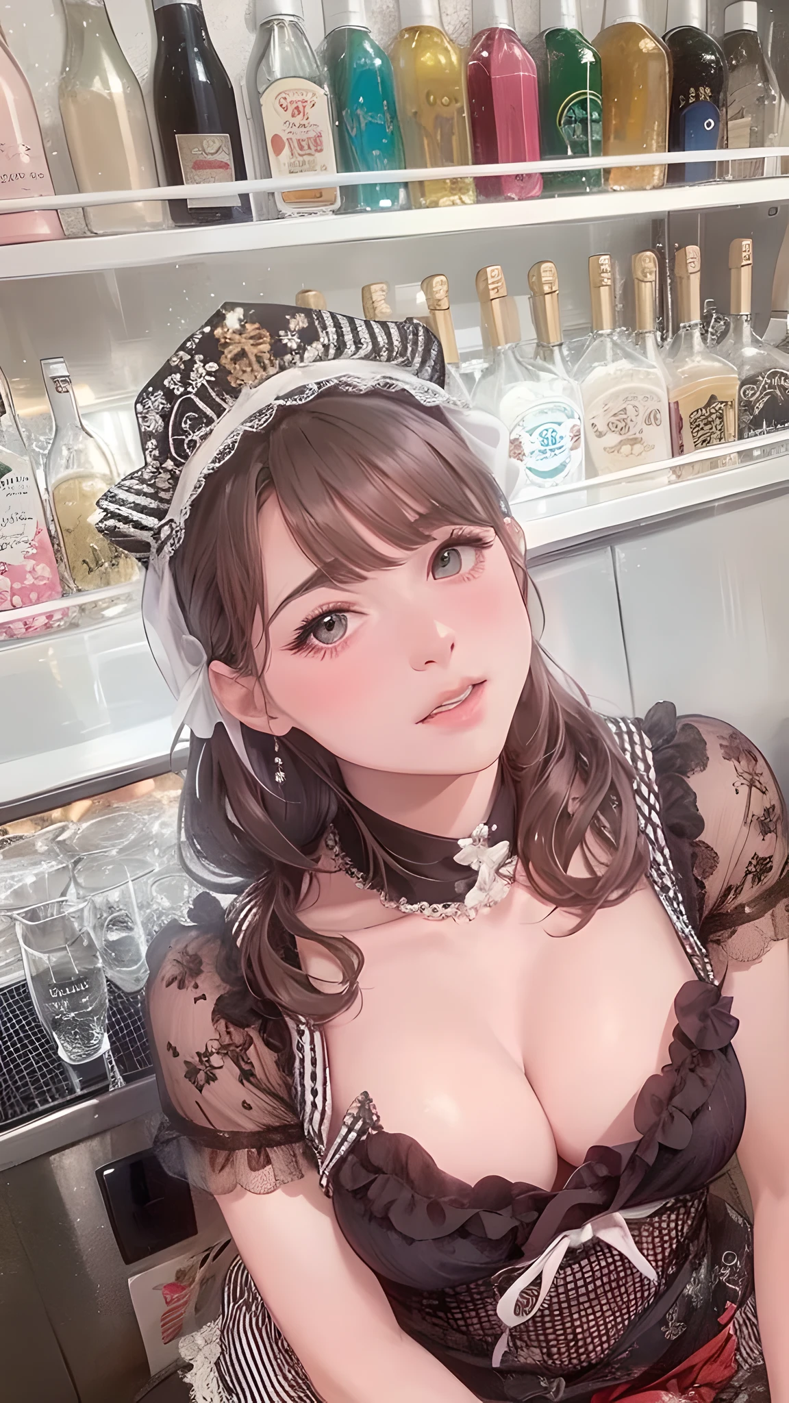 there is a woman sitting at a bar with a hat on, japanese maid cafe, 奈良美智, gorgeous maid, sakimichan, girl cute-fine-face, sakimi chan, cute kawaii girl, shikamimi, anime girl in real life, realistic young gravure idol, belle delphine