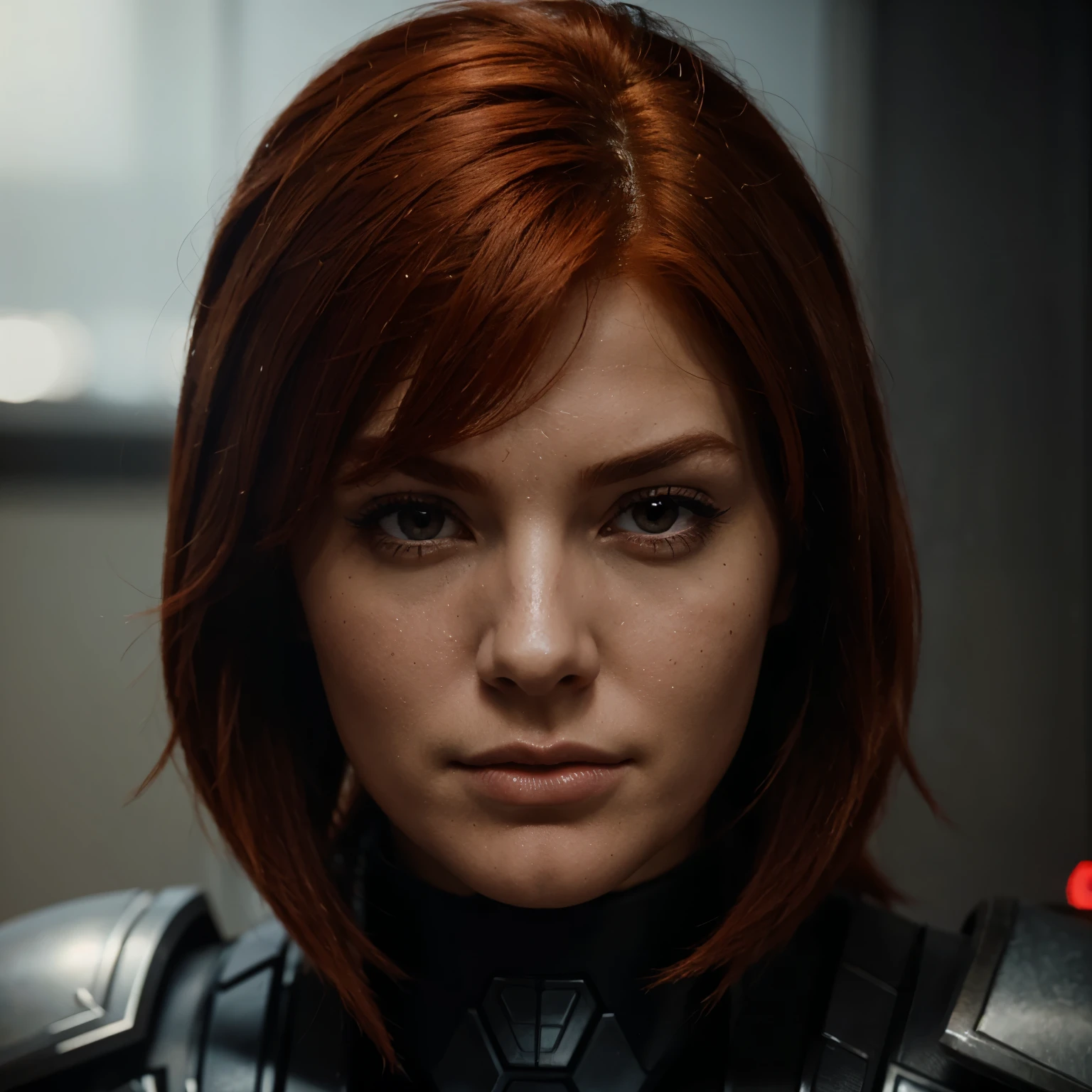 Red head femshep, armor, up close portrait, glamor 