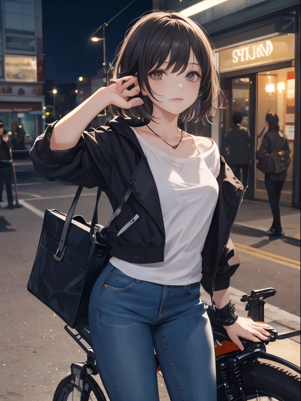 official art,short hair girl,The style of clothing is black,skinny dark jeans,short shoulder-length hair,The ends of her hair are dyed orange,It's night,Overall dark black tone,8k wallpaper,beauty and aesthetic,master piece,best quality,Static angle,Sexy,fauvism design,atmospheric acid salts,wait on the bike,Riding a black motorcycle,There's a pink bear behind the bike,The girl has a helmet in her hand,waiting